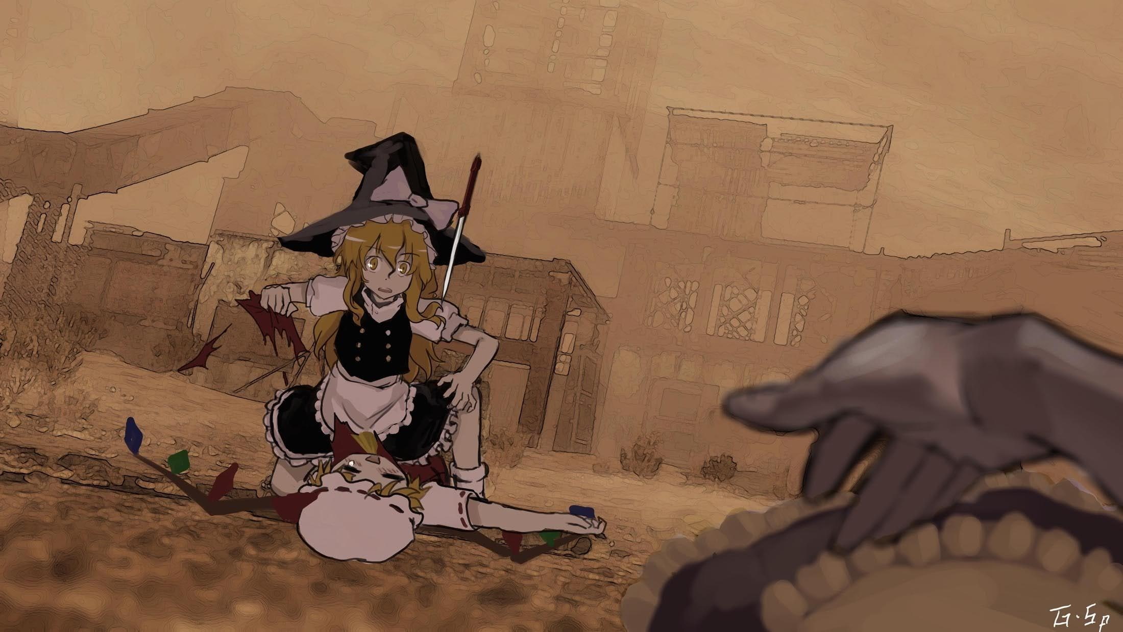 yellow, marisa, modern, architecture, kirisame, anime, cal, shepherd, scarlet, art, eyes, Touhou, rust, hd, blondes, flandre, sandstorms, knives, 1080P, HD Wallpaper