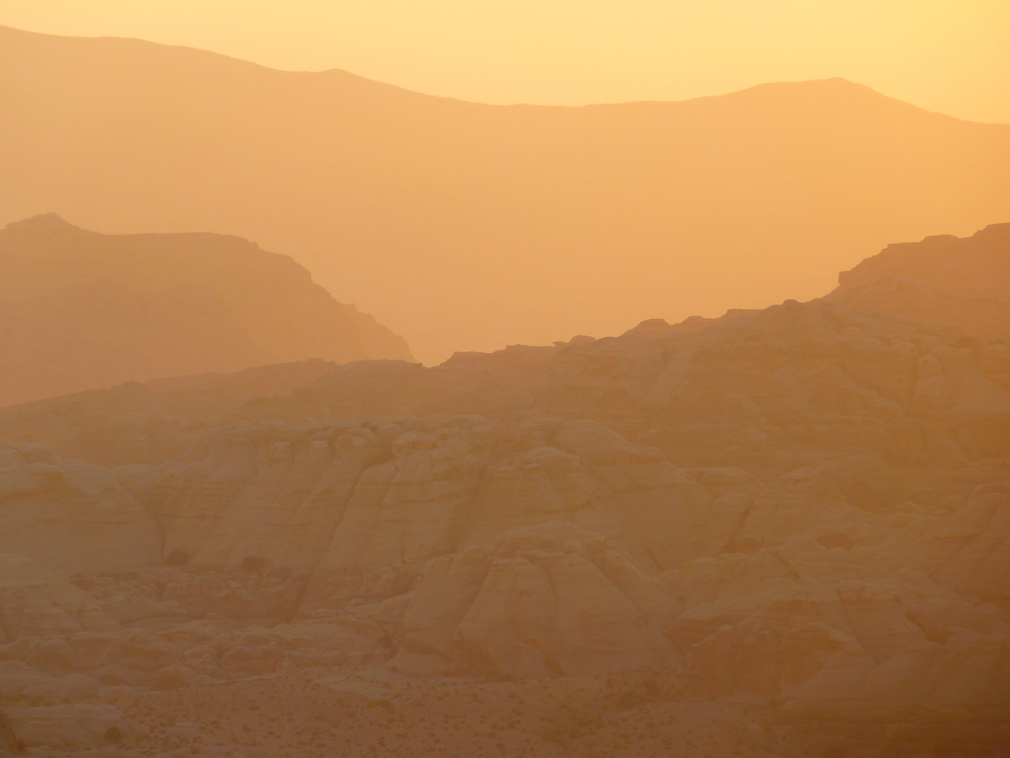 sky, rock, arid climate, nature, sunset, Petra, fog, sun, abendstimmung, mountain range, back light, romance, Travel, environment, Jordan, formation, scenics - nature, HD Wallpaper