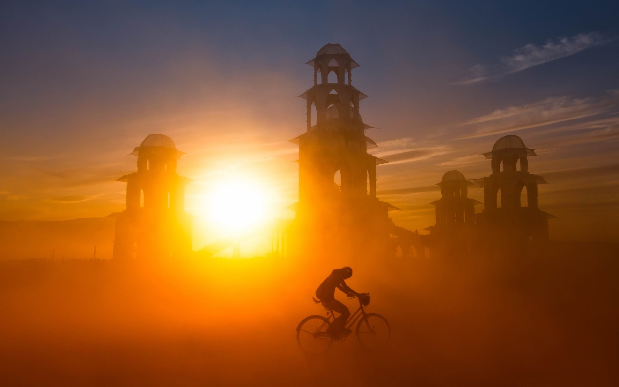 nature, bicycle, mode of transportation, sunset, land vehicle, travel, natural, lens flare, transportation, sunlight, built structure, beautiful, silhouette, HD Wallpaper