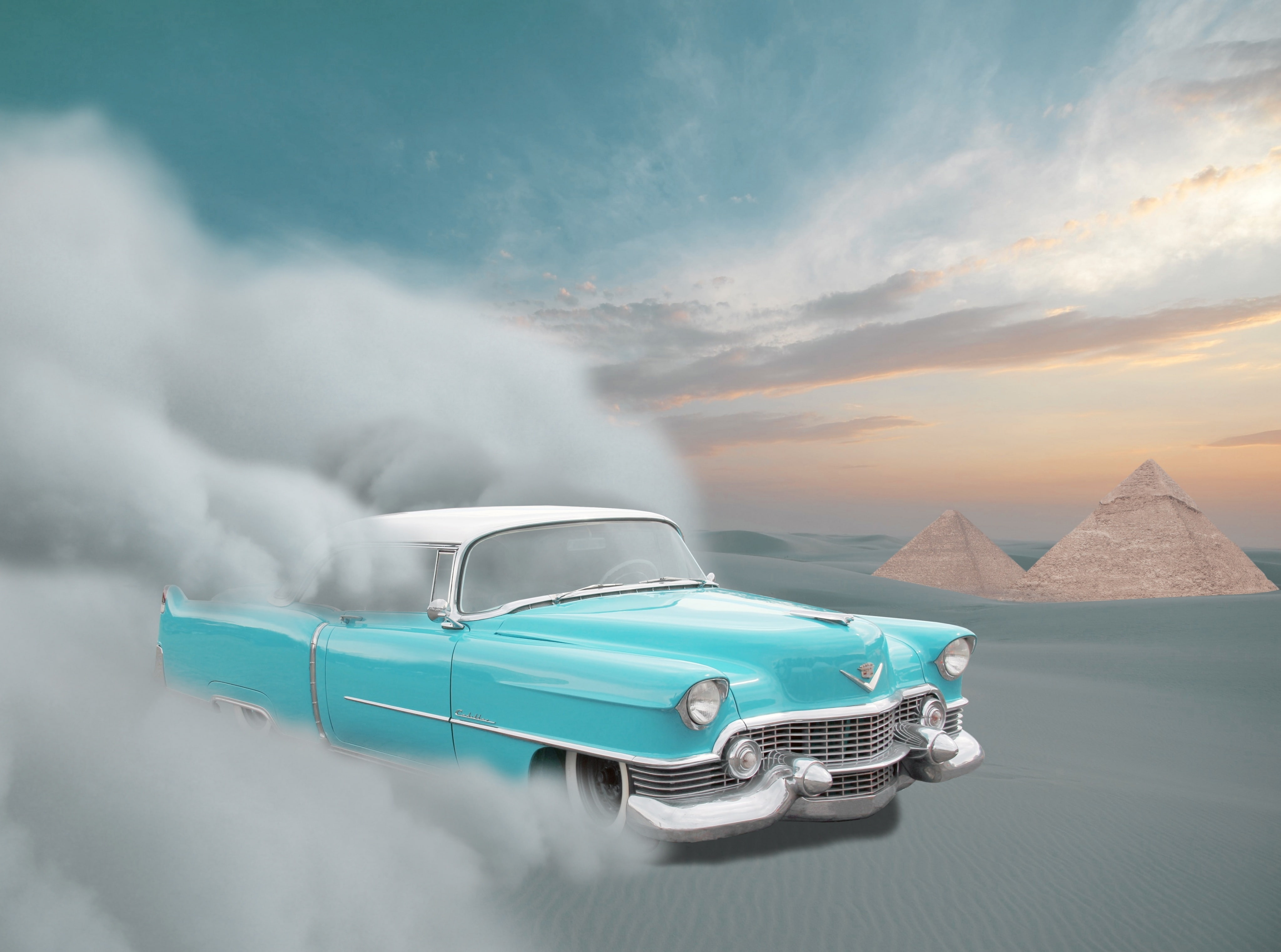 land vehicle, built structure, coupe, travel, day, sky, digital composite, Aero, desert, no people, cadillac, transportation, motion, sandstorm, beauty in nature, HD Wallpaper