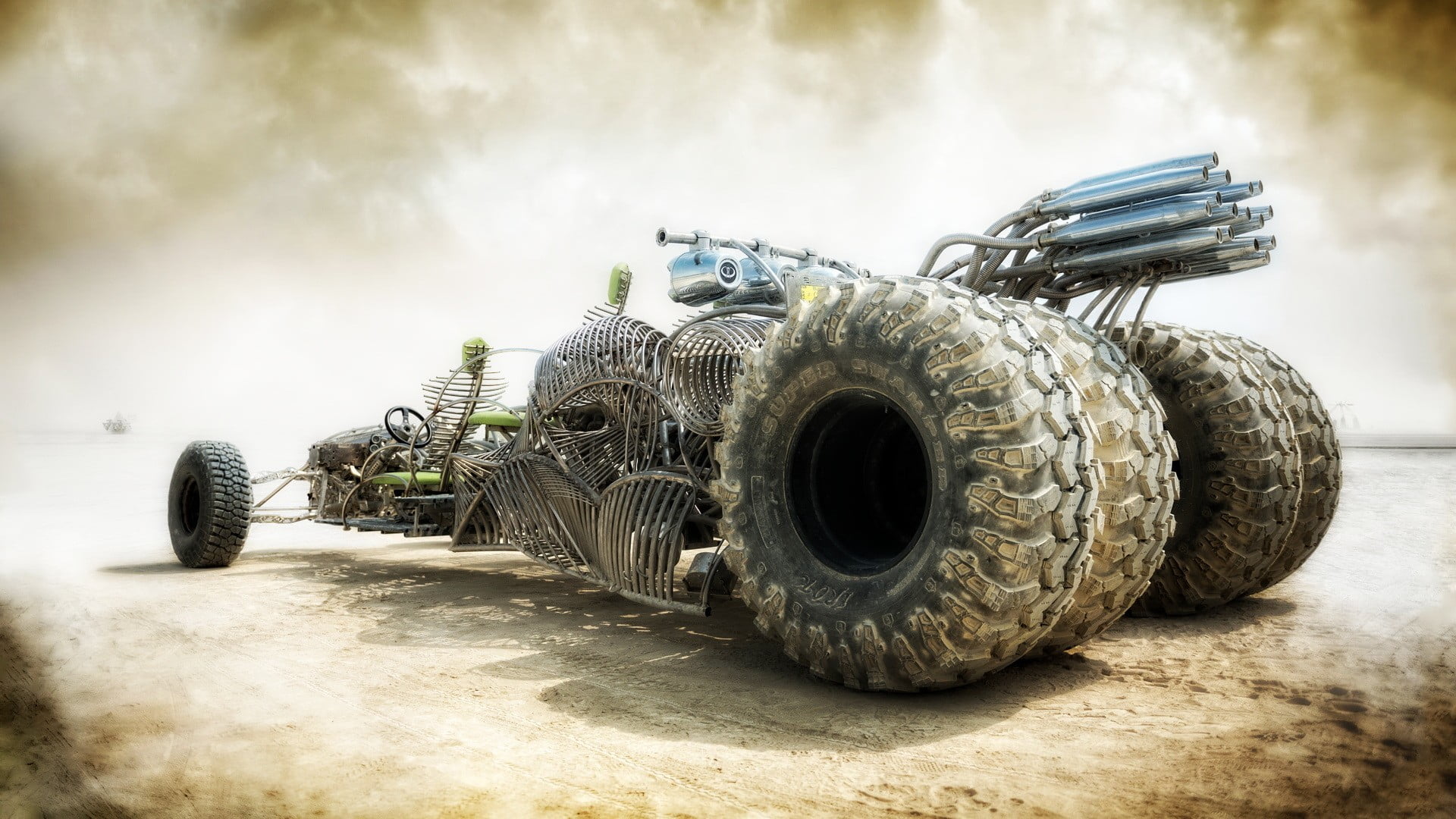 Mad Max, outdoors, black, transportation, metal, sand, military, nature, sunlight, land vehicle, tire, Mad Max: Fury Road, sky, land, gray, dragster, dust, HD Wallpaper