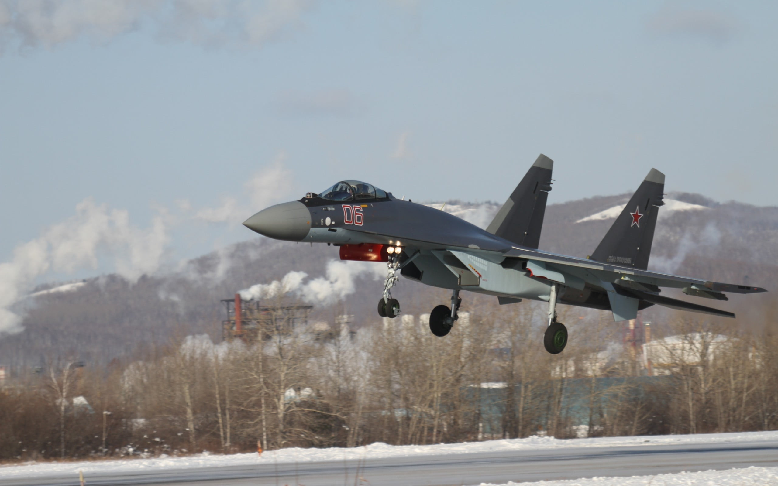 mid-air, cold temperature, aerospace industry, military, mode of transportation, Sukhoi Su-35, rod, nature, flying, fighter plane, winter, 2K, gray, air force, HD Wallpaper