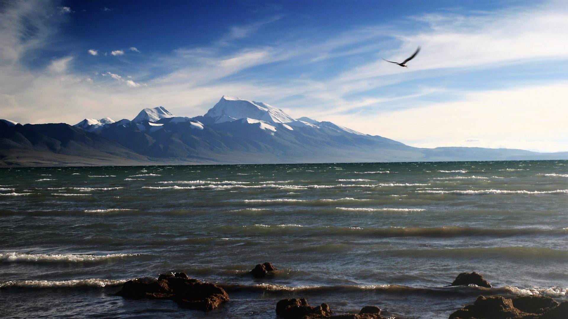 sky, lake manasarovar, burang, no people, motion, water, asia, scenics - nature, mountain range, mountain peak, outdoors, sea, 1080P, winter, beauty in nature, HD Wallpaper