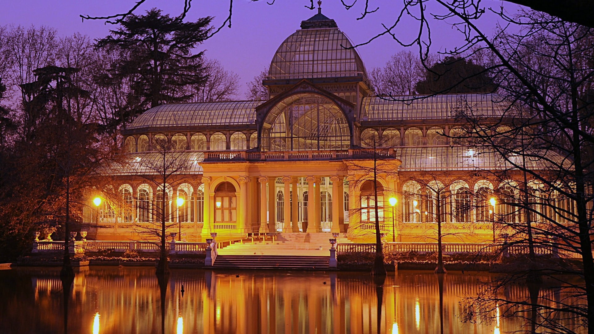 arch, illuminated, incidental people, reflection, tree, retiro park, sky, travel destinations, water, building, cristal palace, spain, dusk, lighting, tourist attraction, HD Wallpaper