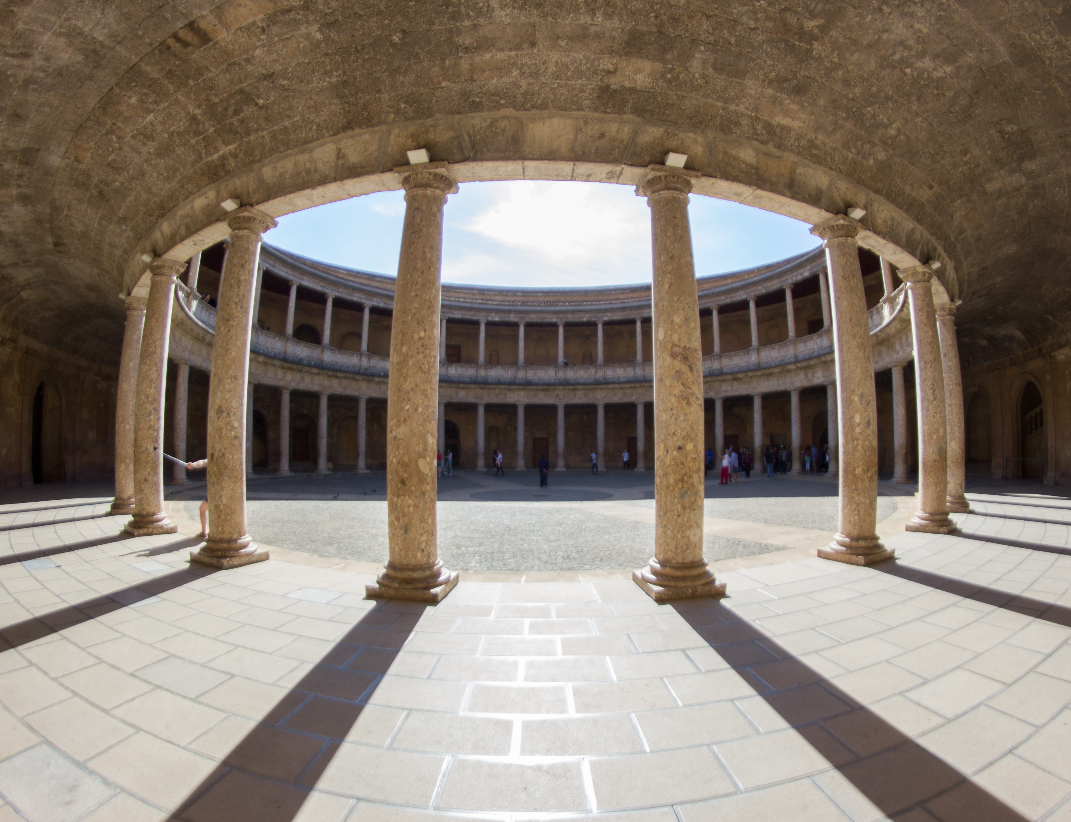 city, outdoors, spain, building exterior, sun and shadows, palacio de carlos v, columns, old, colonnade, arch, sky, 4K, day, arcade, no people, tiled floor, HD Wallpaper