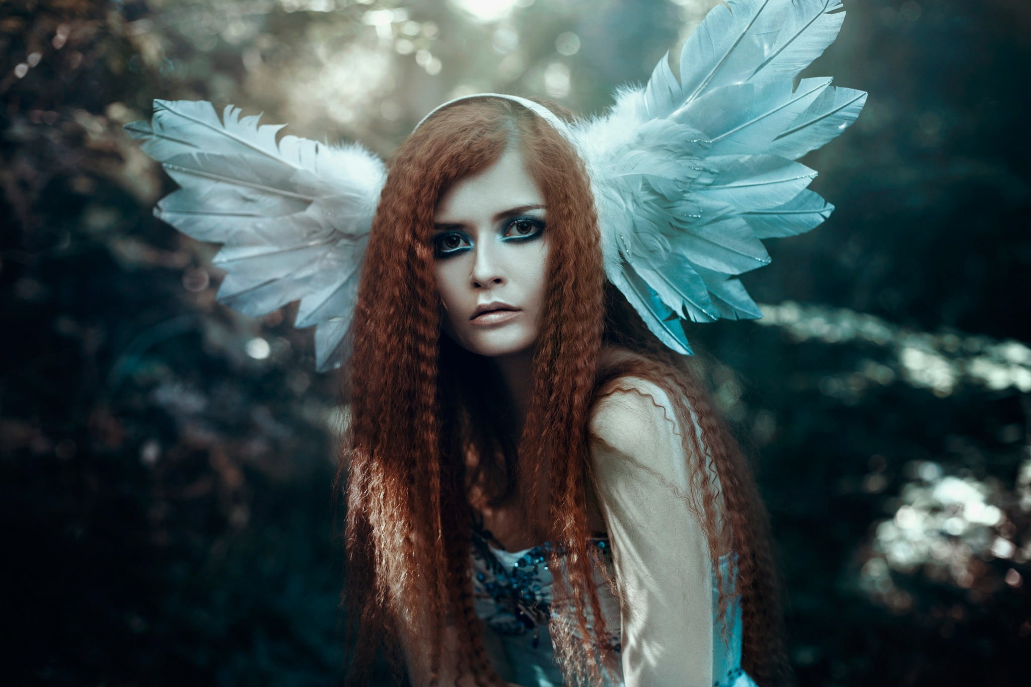 headdress, Bella Kotak (Photographer), long hair, model, curly hair, makeup, hair band, 1080P, women, redhead, fantasy art, HD Wallpaper