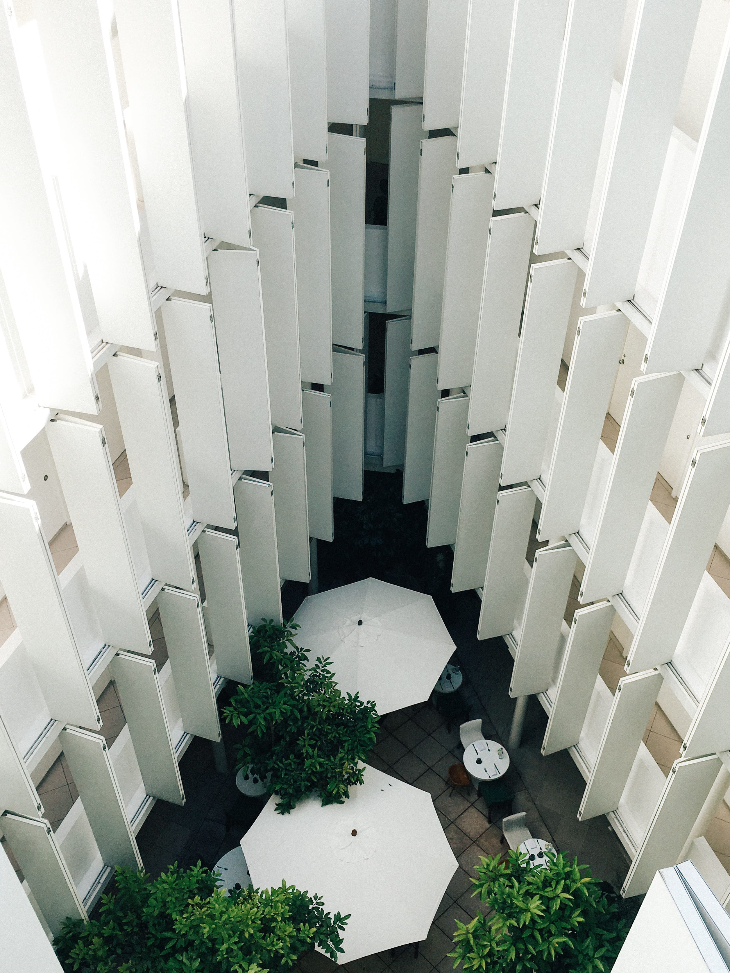ciudad de méxico, patio, 2K, plant, white color, day, repetition, railing, nature, seat, modern, hotel condesa df, symmetry, built structure, steps and staircases, Phone HD Wallpaper