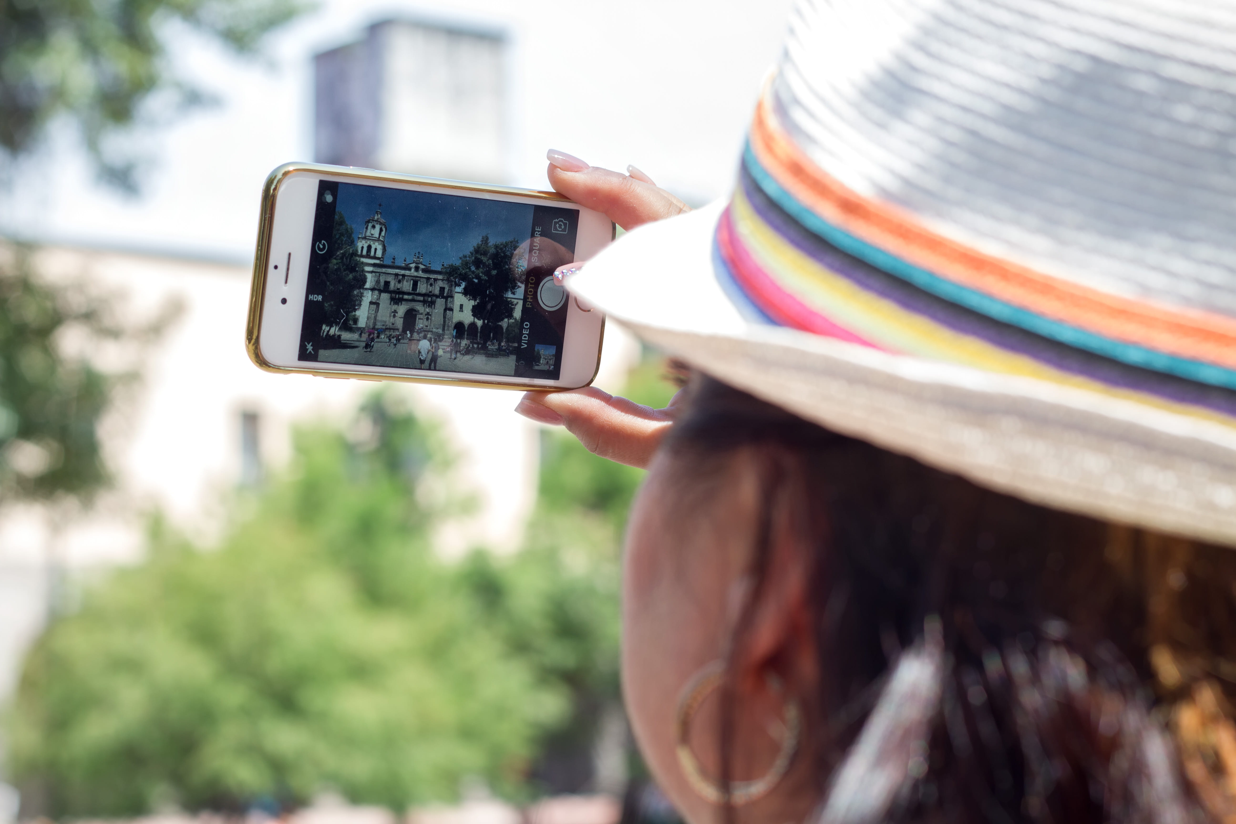outdoors, connection, church, smart phone, photographing, woman, explore, holding, coyoacán, photography themes, screen, day, one person, mexico, hat, wireless technology, HD Wallpaper