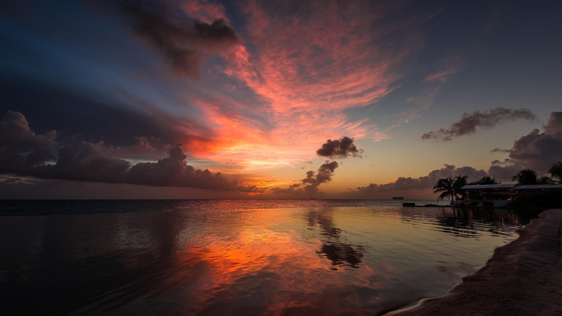 nature, clouds, sunlight, sunset, non-urban scene, tranquil scene, orange color, scenics - nature, beauty in nature, 1080P, waterfront, no people, swimming pool, HD Wallpaper