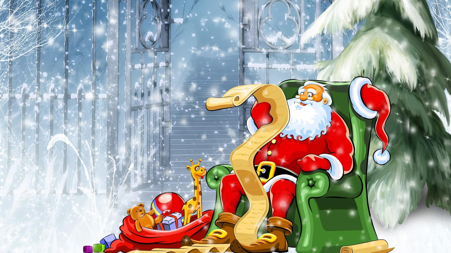 saint nicholas, snow, st nick, portrait, santa claus, santa, 1080P, tree, gates, sack, list, claus, christmas, checking, toys, north pole, HD Wallpaper