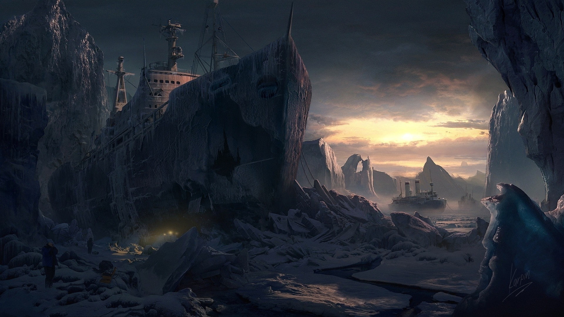north, sunset, hd, art, x, nature, mountains, pole, artwork, ice, drawings, ships, 1080P, HD Wallpaper