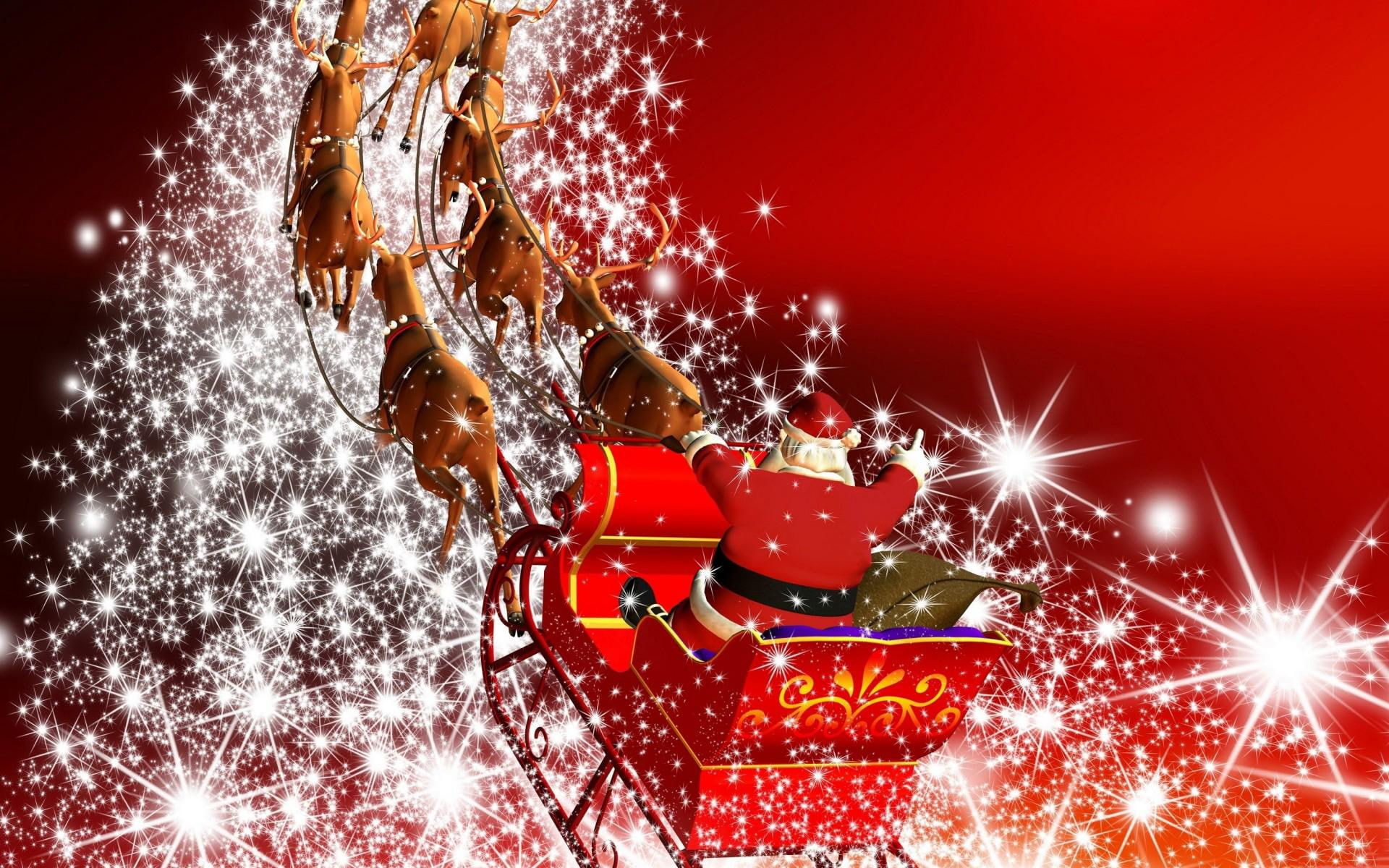 north, 1080P, red suit, flying, sleigh, santa, pole, 3d and abstract, reindeer, back, HD Wallpaper