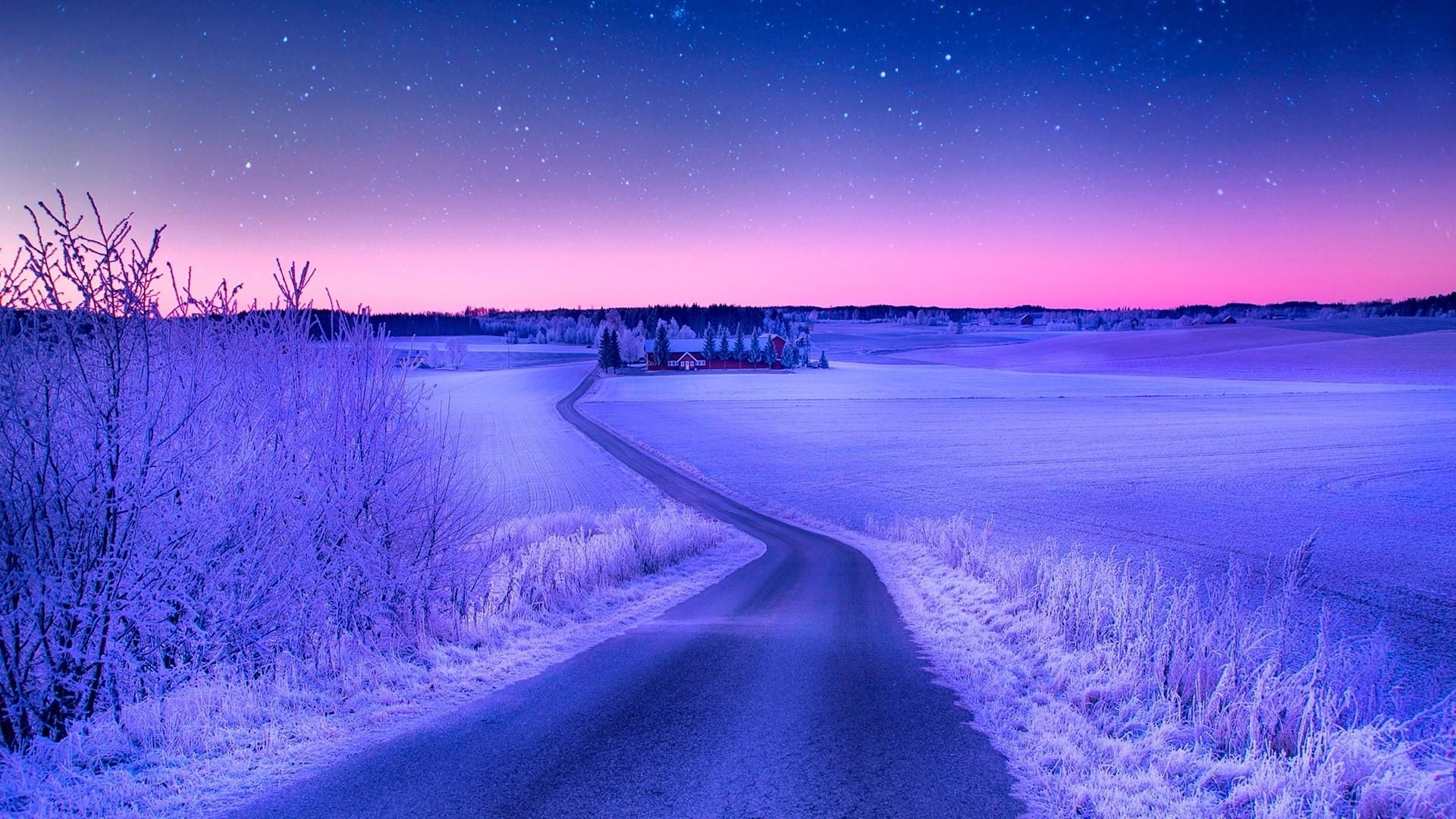 starry night, evening, 1080P, freezing, winter, night sky, night, horizon, norway, purple, snow, stars, sky, road, blue, HD Wallpaper