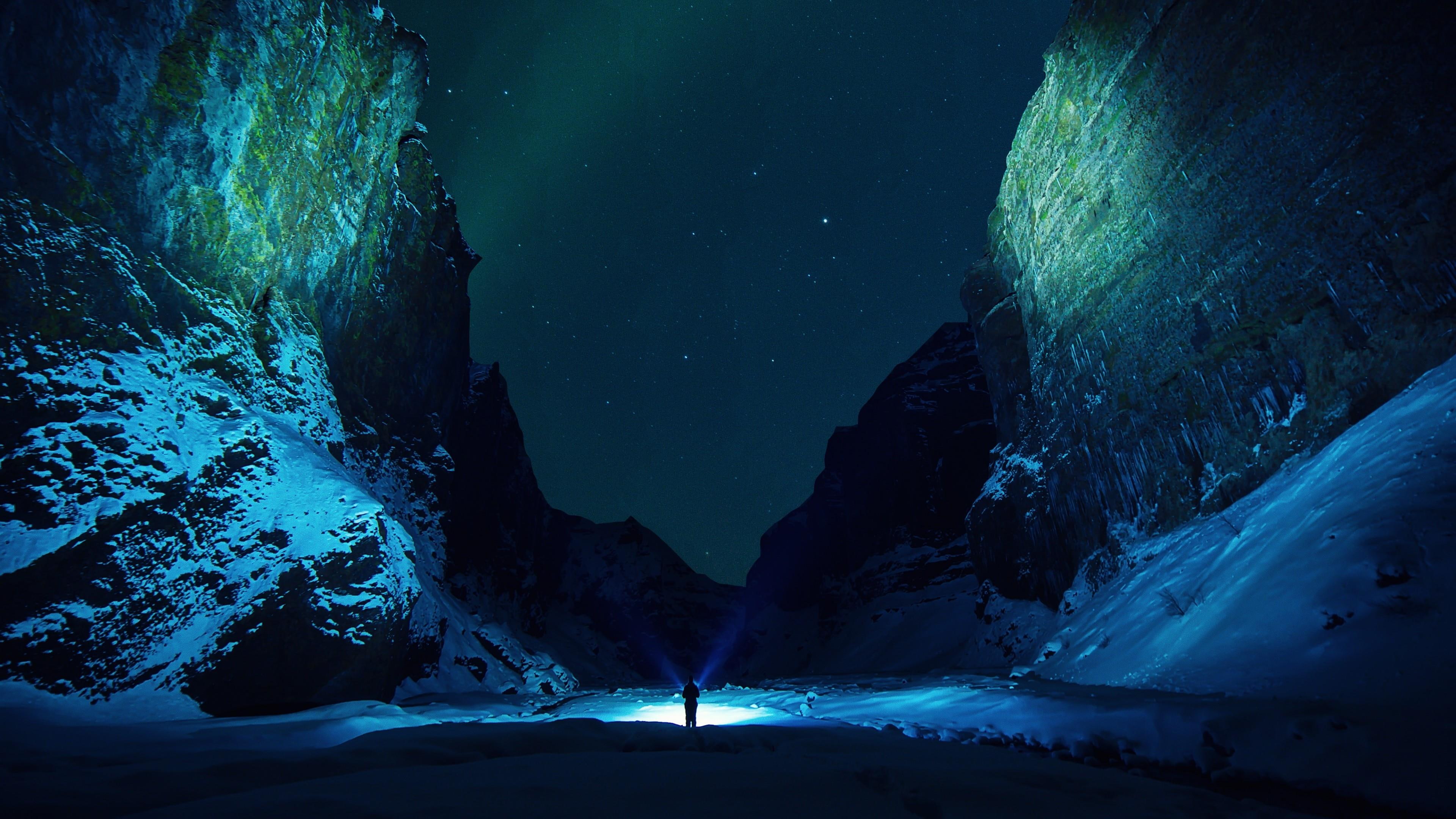 starry night, night, snow, ice, sky, man, starry, cold, blue, 4K, valley, mountains, HD Wallpaper