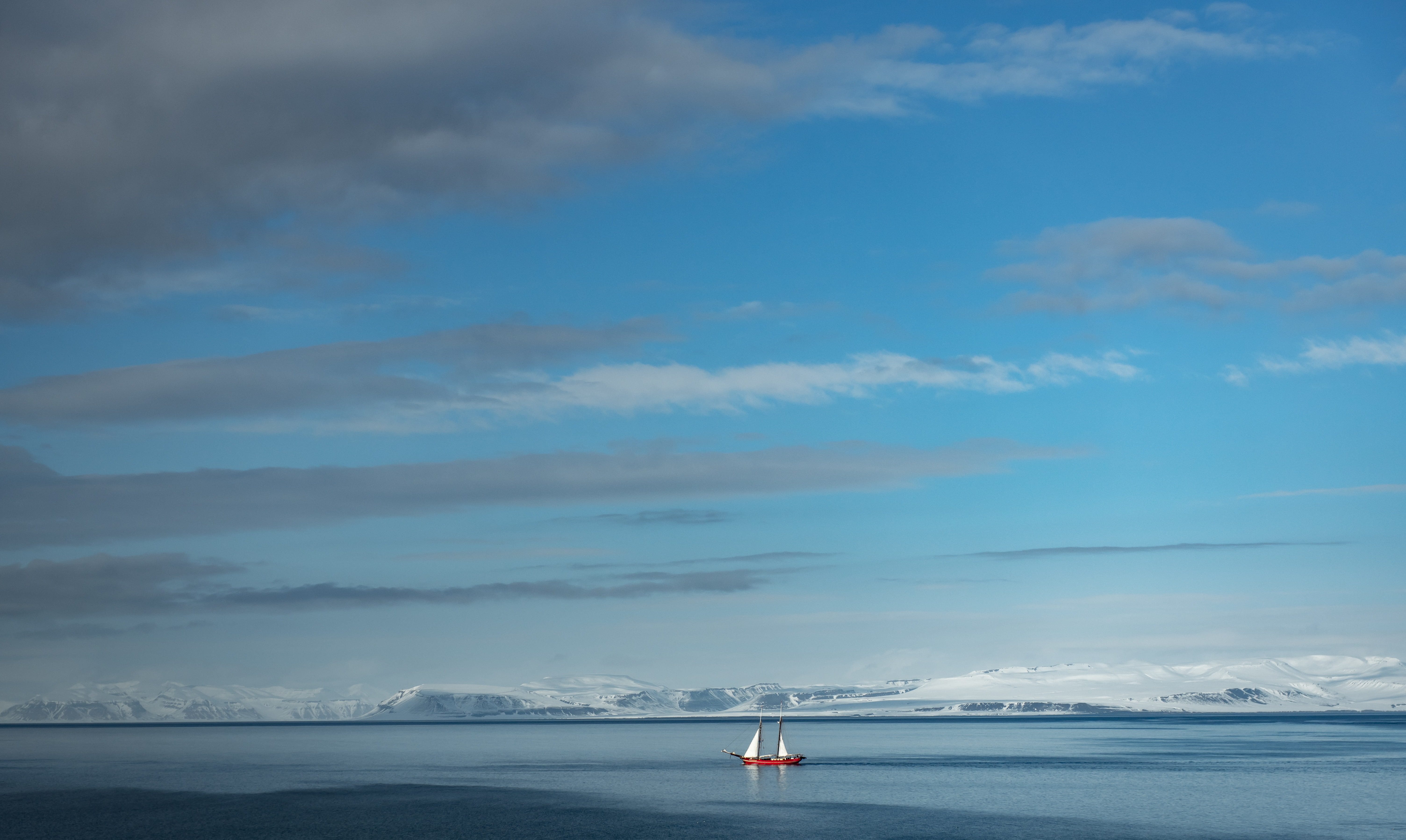 clouds, day, tranquility, longyearbyen, 5K, non-urban scene, sky, svalbard, cloud - sky, transportation, sail boat, mode of transportation, no people, HD Wallpaper