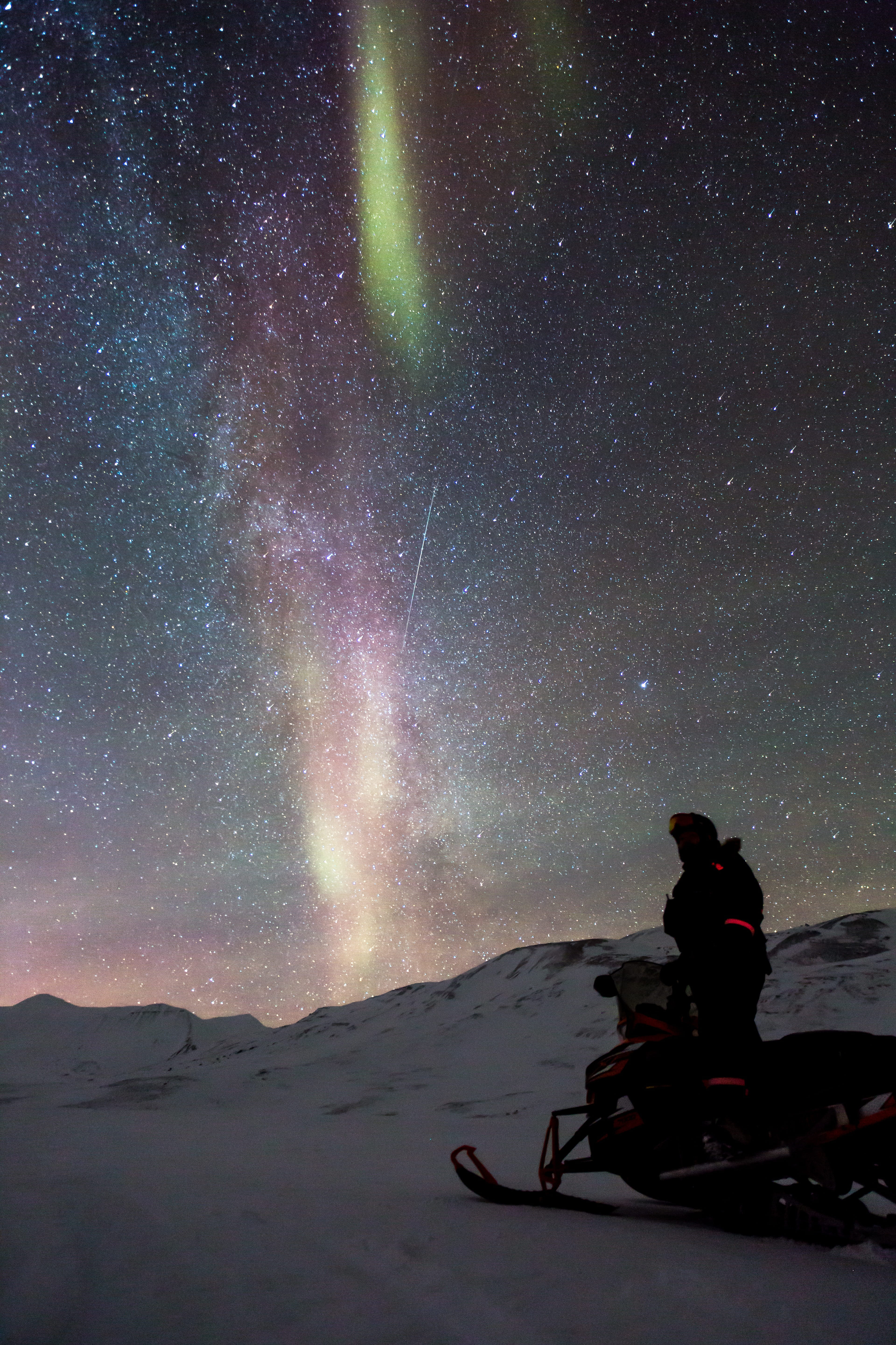 Aurora, one person, night, stars, polar lights, tranquil scene, Auroras, light phenomenon, space, magical night, Snowmobile, scooter, men, galaxy, mountain, Phone HD Wallpaper
