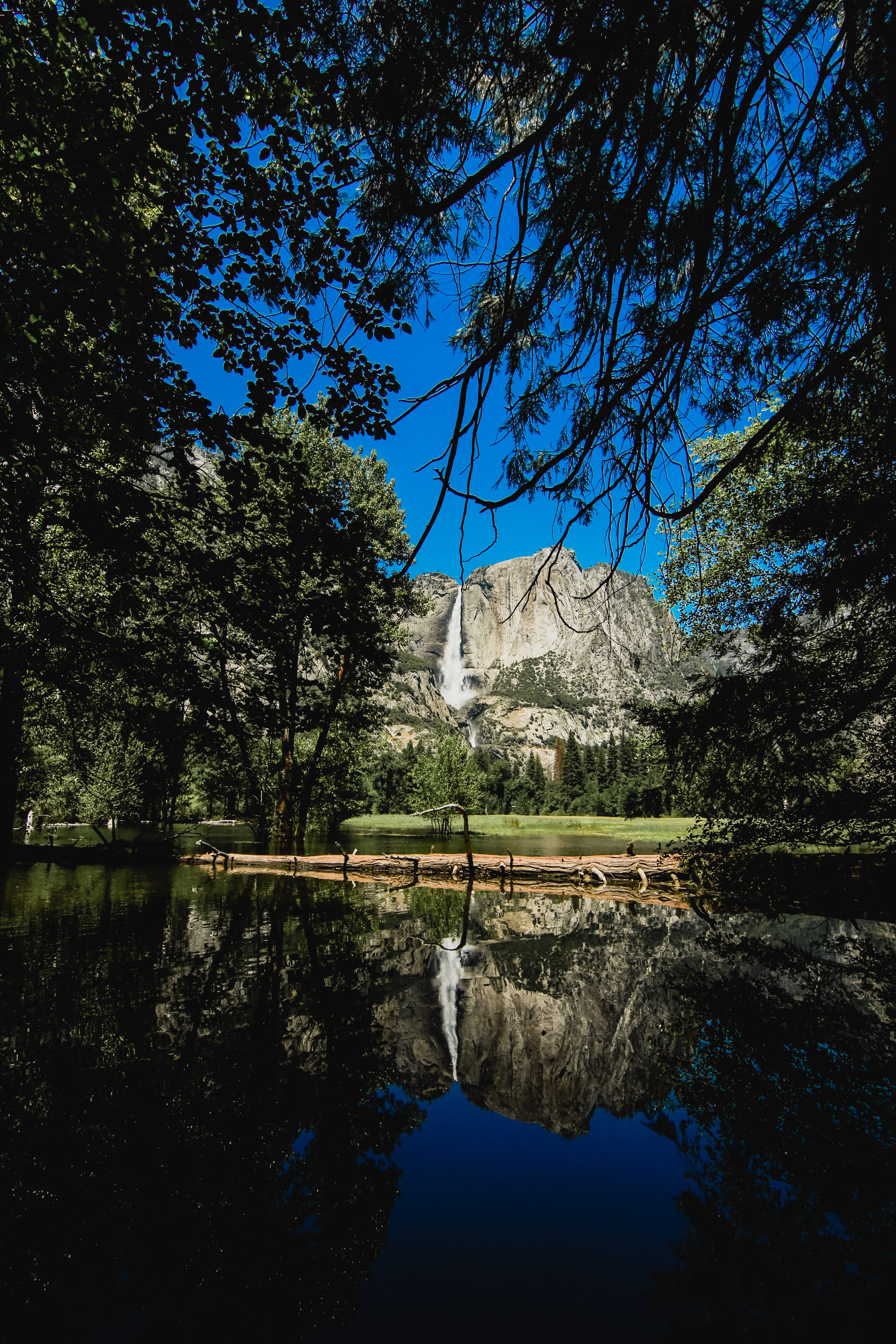 architecture, blue sky, united states, scenics - nature, landscape, built structure, sky, space, yosemite, symmetry, outer space, reflection, tree, water, Phone HD Wallpaper