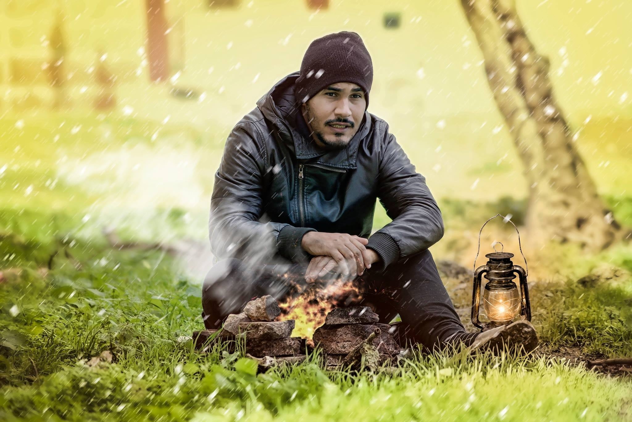 adventure, front view, adult, blue starry sky, mountain, man, outdoor, grassland, day, looking, men, rain, snowy landscape, fireplace, snow, travel, hike, HD Wallpaper