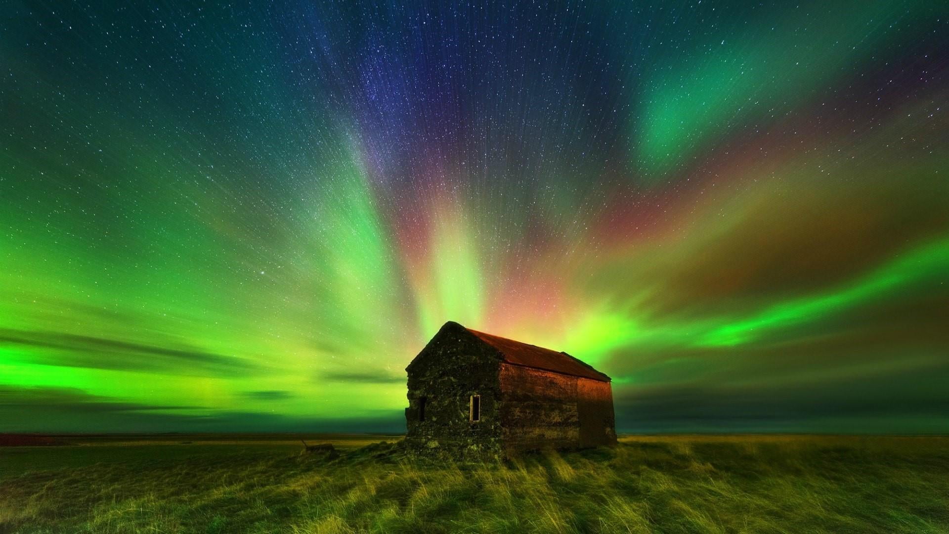 scenics - nature, field, starry sky, star - space, atmospheric mood, architecture, aurora polaris, artic light, landscape, sky, land, mystery, no people, HD Wallpaper