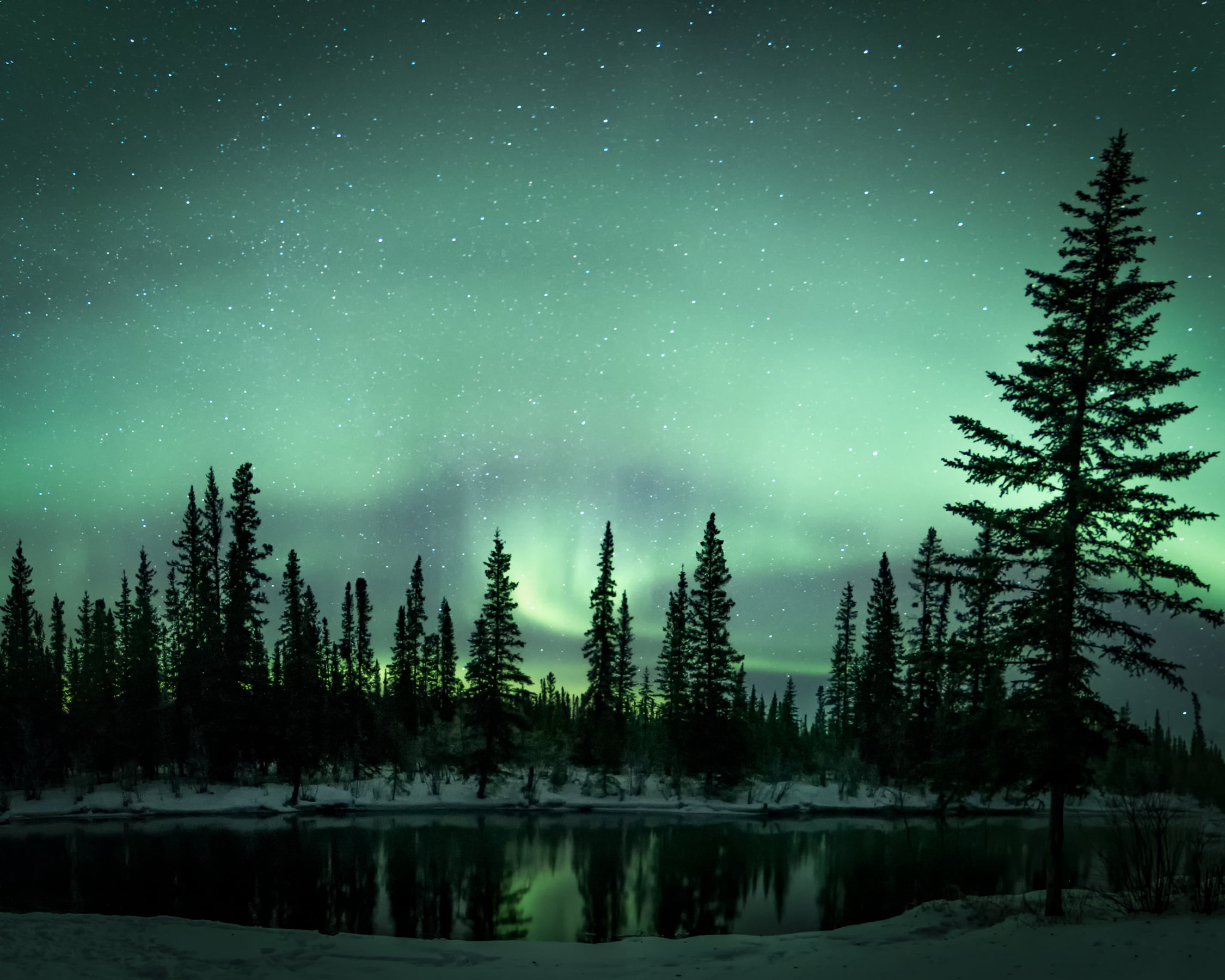 mountain, green, landscape, aurora borealis, trees, tree, mdpd, star - Space, reflections, Glow, northern lights, nature, Alaska, night, sky, auroras, 1080P, HD Wallpaper