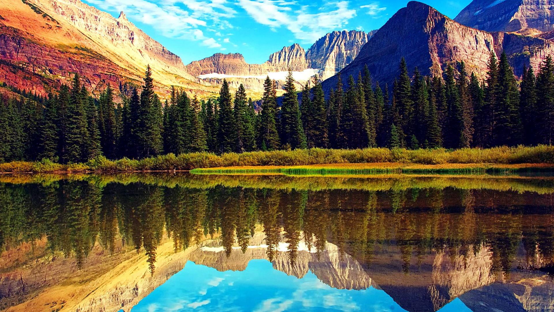 nature, tree, national park, 1080P, canada, reflection, sky, united states, water, mountain, landscape, montana, glacier national park, mount scenery, HD Wallpaper