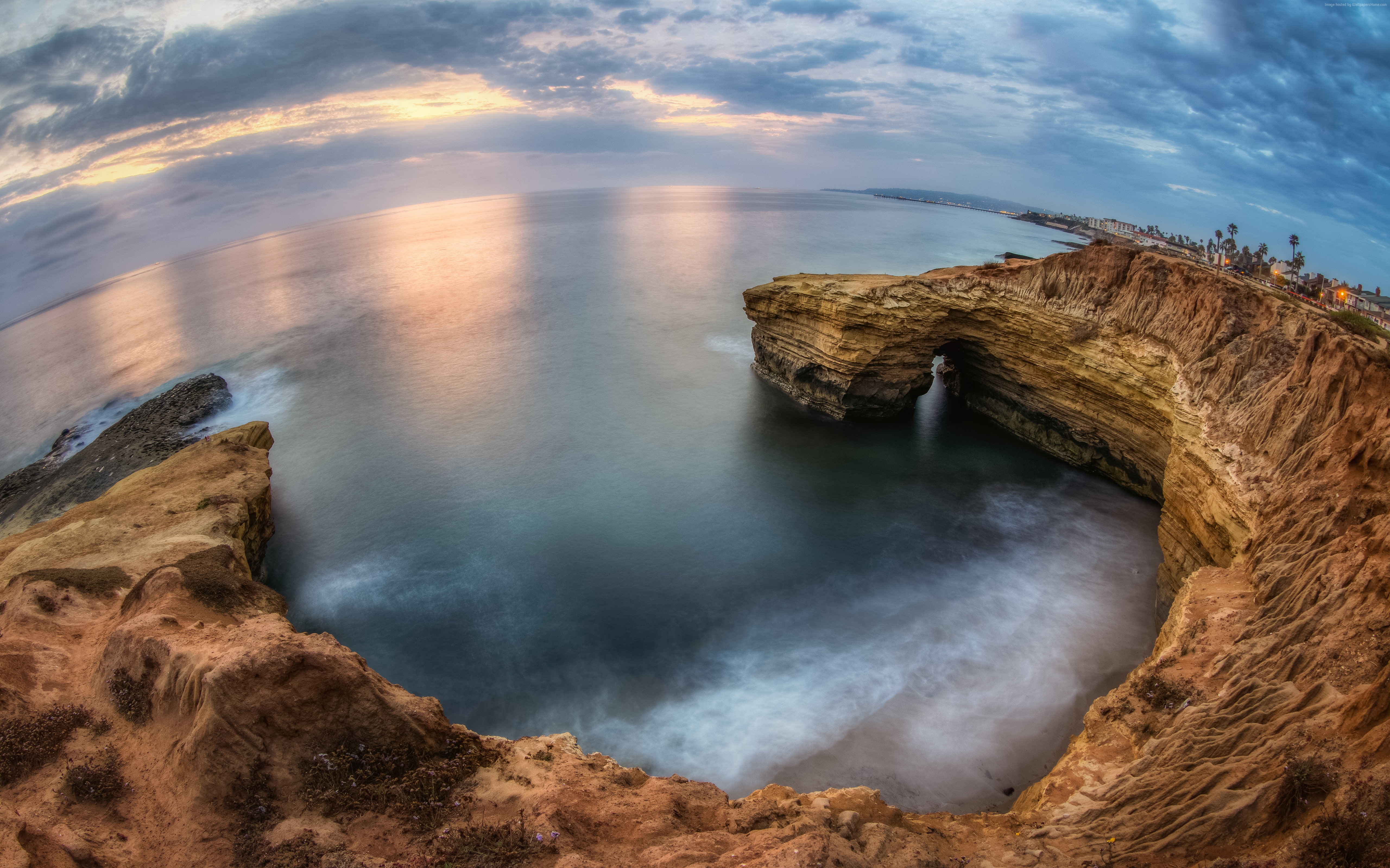 water, ocean, San Diego, sunrise, sunset, 4k, clouds, 5K, cliffs, sky, sea, HD Wallpaper