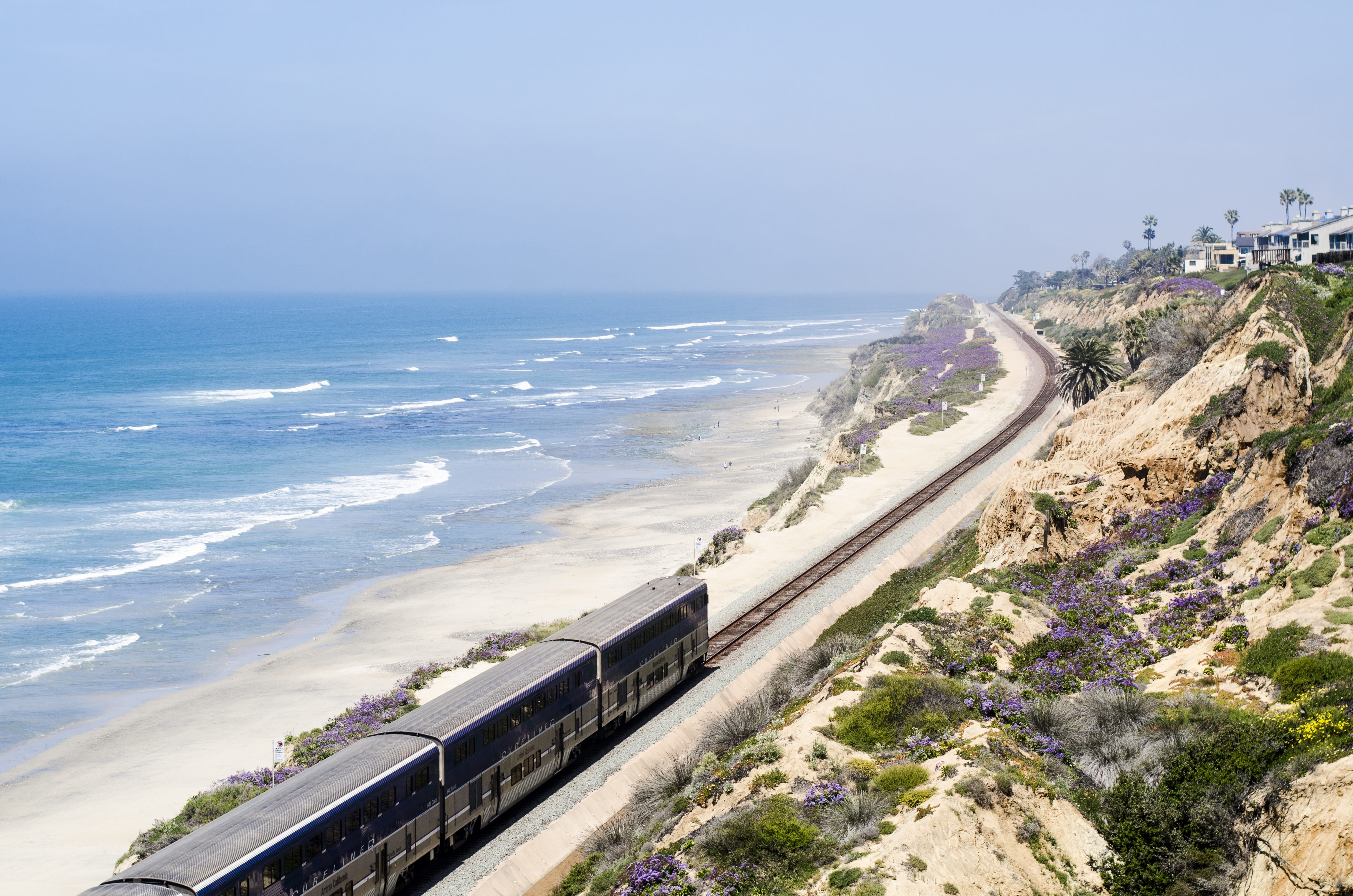pacific surf liner, san diego, amtrak, seashore, built structure, horizon, horizon over water, mode of transportation, road, beauty in nature, land, architecture, HD Wallpaper