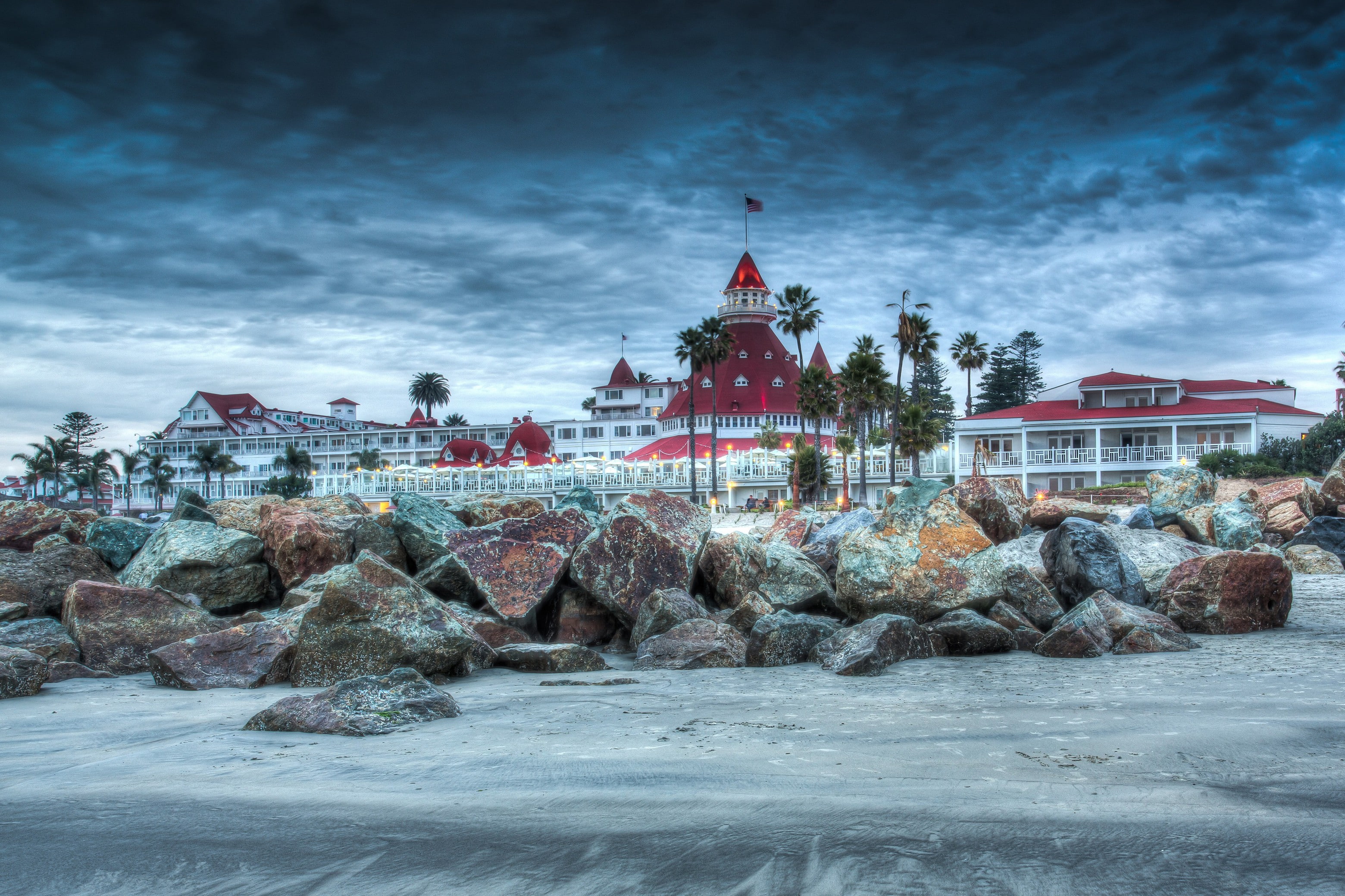 sky, palm, san, san diego, Hotel, shore, united, United States, states, Del Coronado, rocks, clouds, coronado, diego, del, 2K, HD Wallpaper
