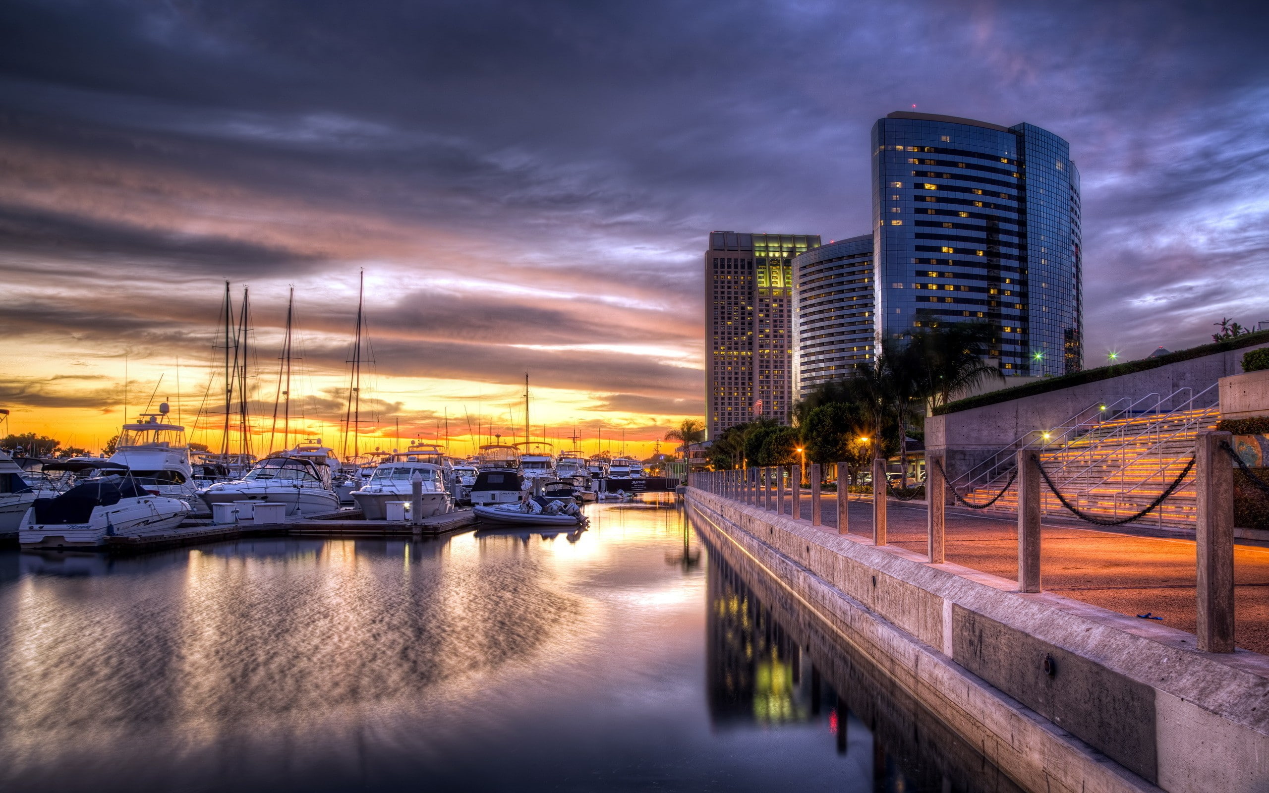 illuminated, no people, sunset, mode of transportation, water, office building exterior, yacht, San Diego, California, transportation, building, bridge, HD Wallpaper