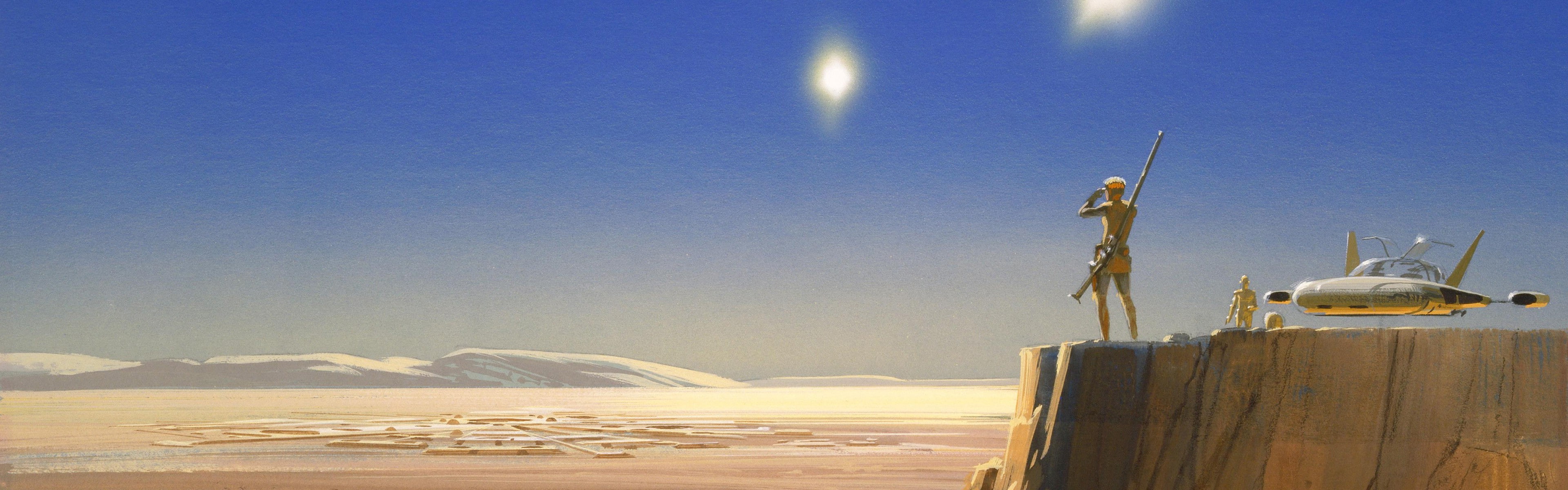 nature, Star Wars, air vehicle, mode of transportation, 4K, Tatooine, Dual Monitors, Multiple Display, day, art and craft, clear sky, representation, artwork, HD Wallpaper