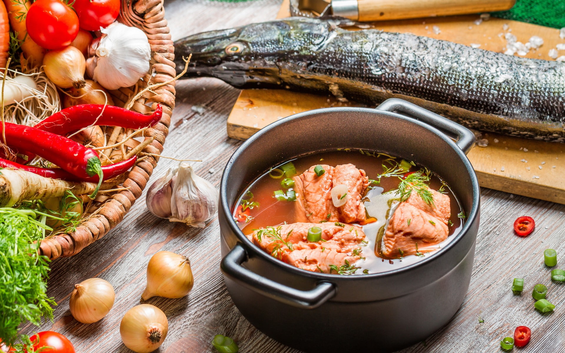 container, ingredient, wellbeing, spice, fruit, onion, 1080P, seafood, colorful, food, vegetable, herb, crustacean, vegetables, indoors, crockery, table, HD Wallpaper