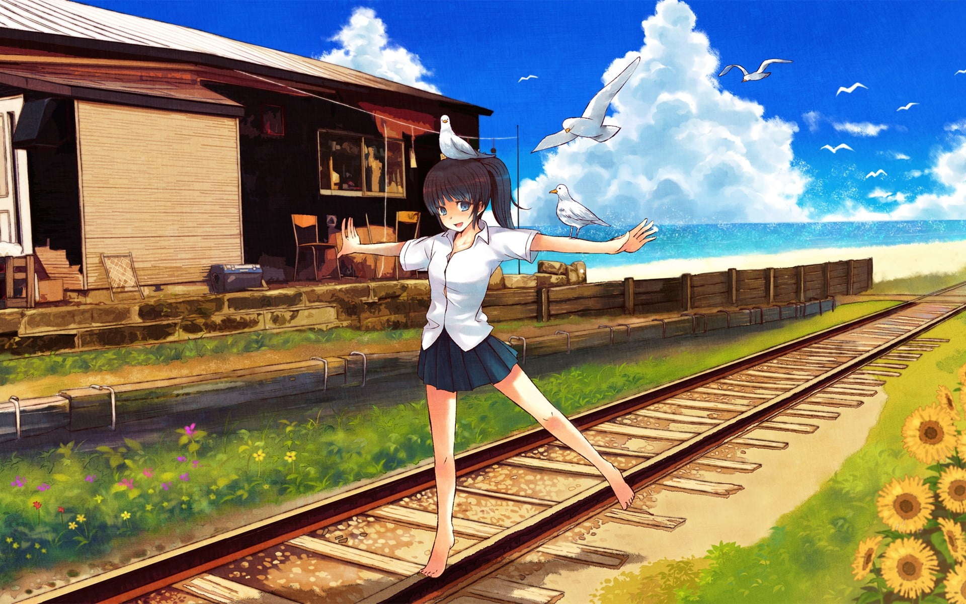 human arm, real people, casual clothing, schoolgirl, women, child, nature, rail transportation, built structure, 1080P, anime, lifestyles, one person, HD Wallpaper