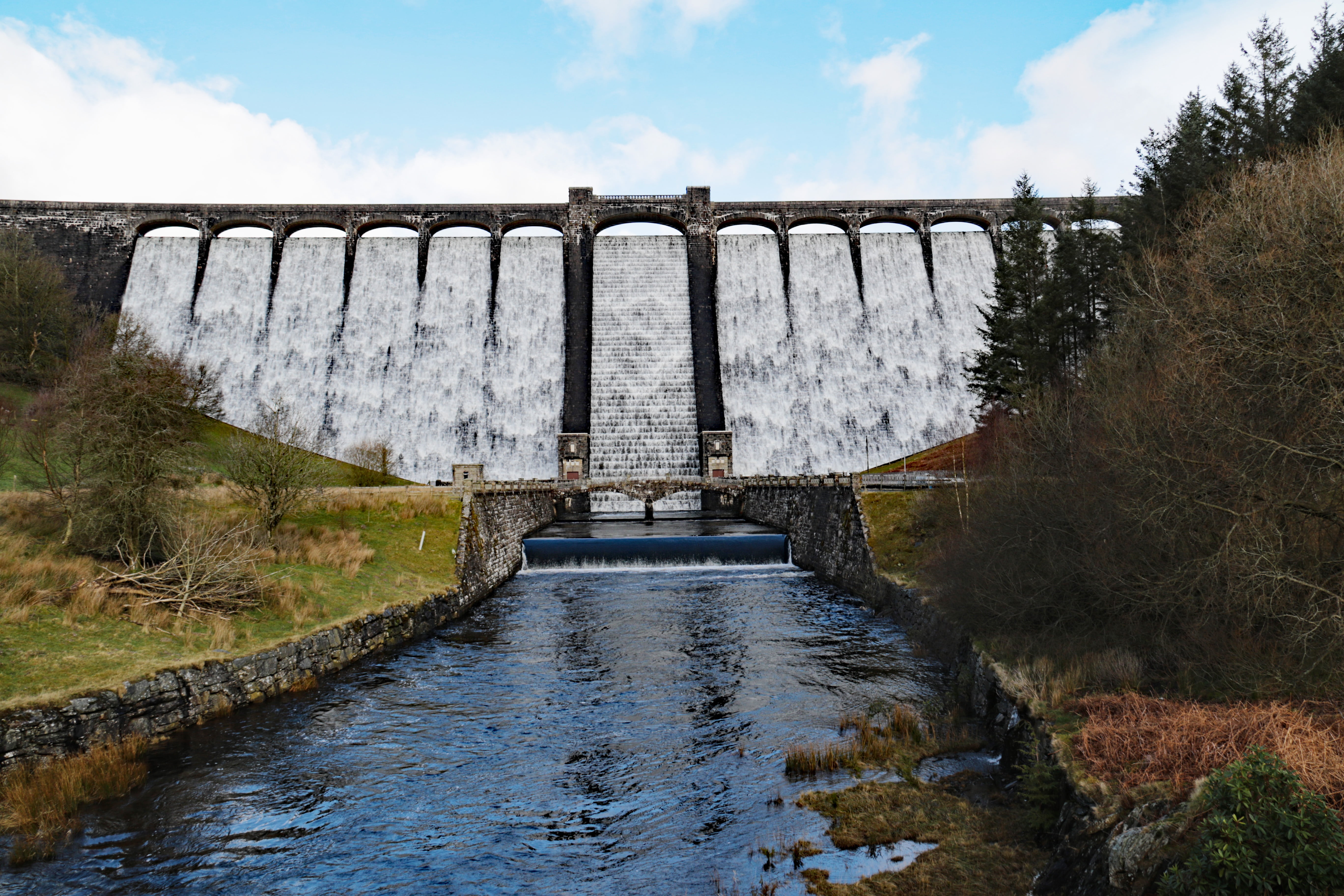 sky, architecture, scene, trees, wales, transportation, mountain, weather, built structure, landscape, no people, bridge, elan valley, hydroelectric power, HD Wallpaper
