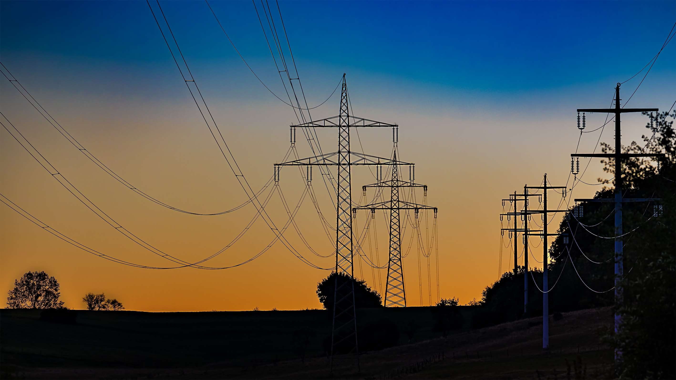 outdoors, industry, architecture, line, strommast, landscape, nature, environment, sunset, dusk, power lines, complexity, built structure, no people, current, HD Wallpaper