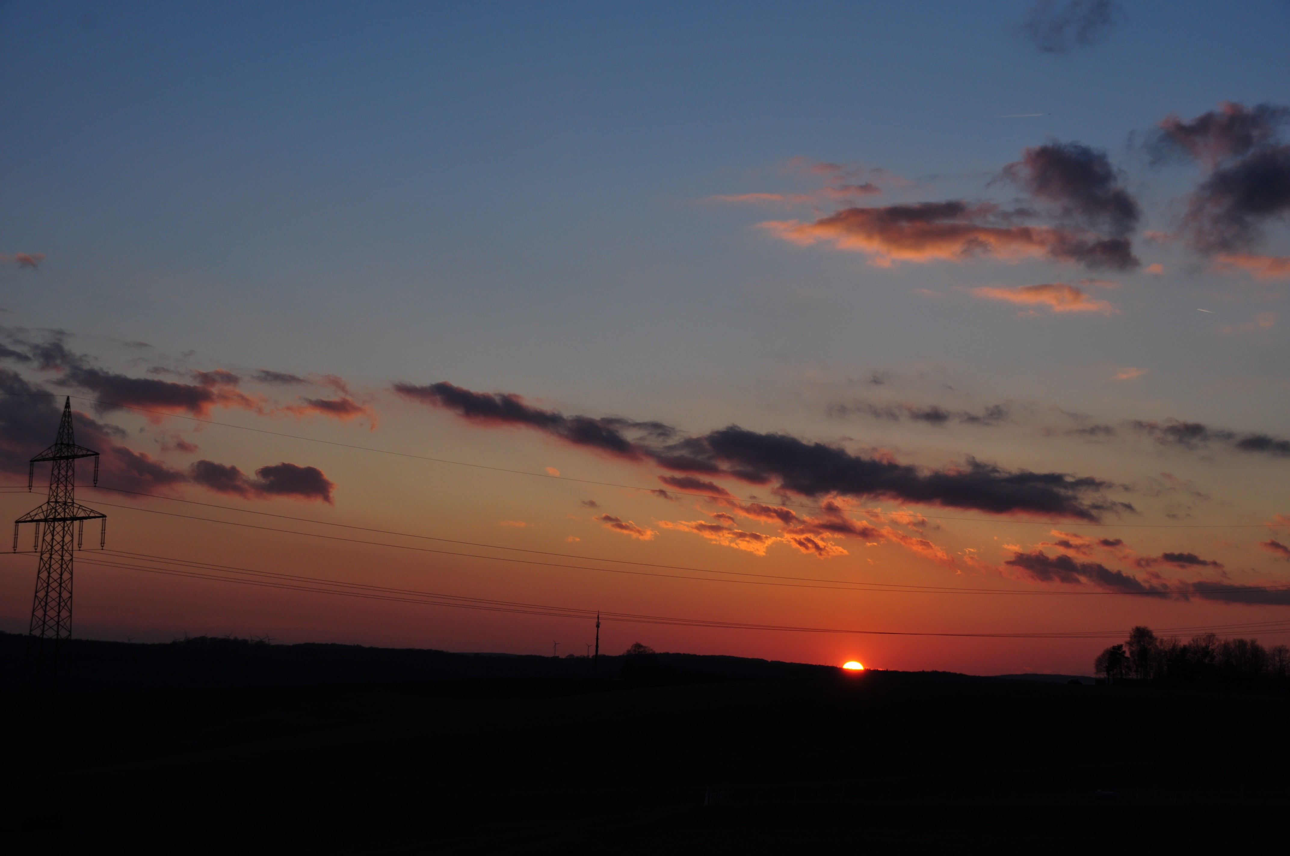 scenics - nature, environment, power line, 4K, silhouette, tower, cable, no people, nature, technology, power lines, sunset, dark, tranquility, electricity pylon, HD Wallpaper