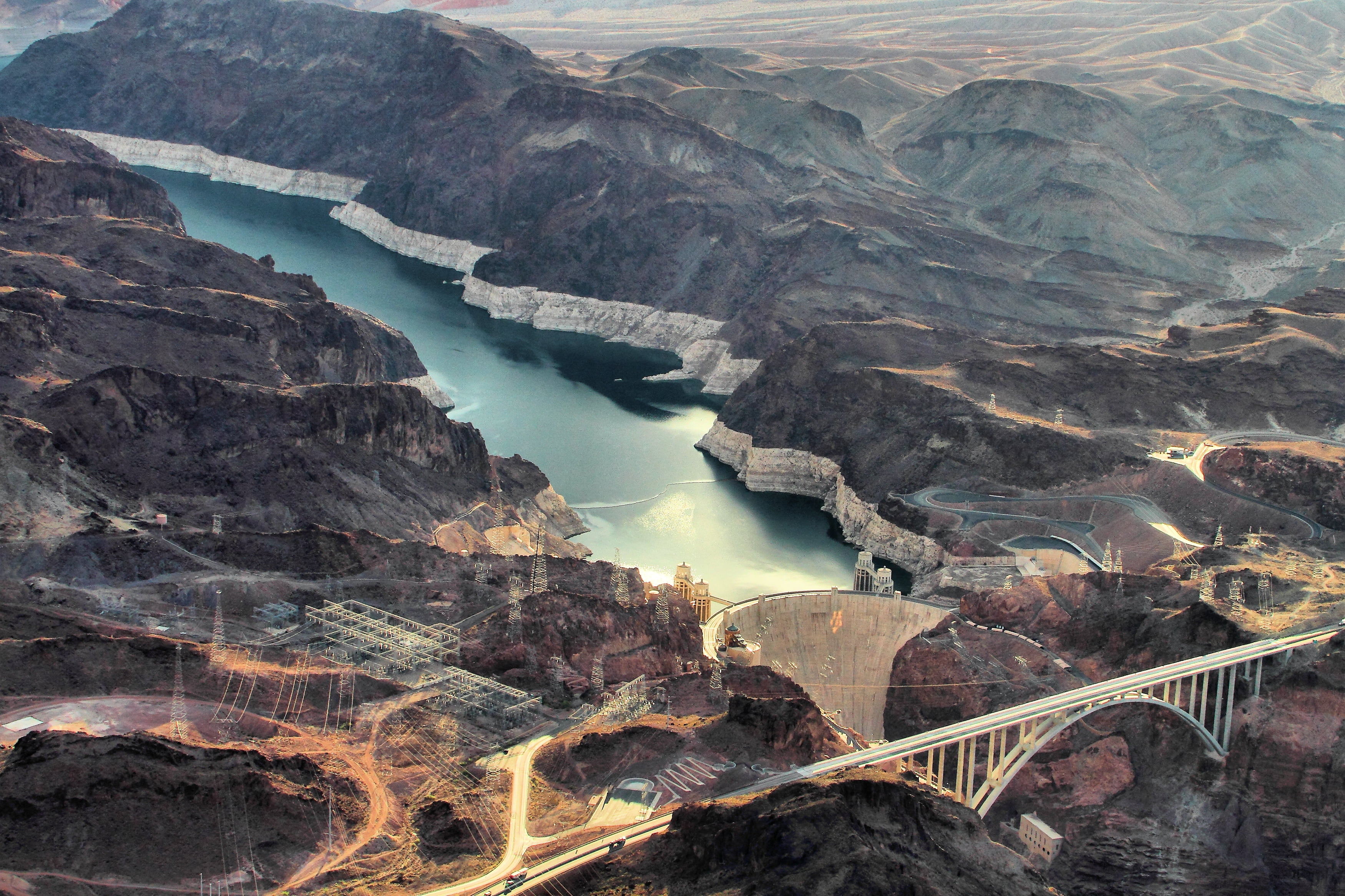 arizona, dam, suspension bridge, colorado River, 2K, landscape, photography, white, aerial photography, aerial, suspension, Hoover Dam, hoover, bridge, HD Wallpaper
