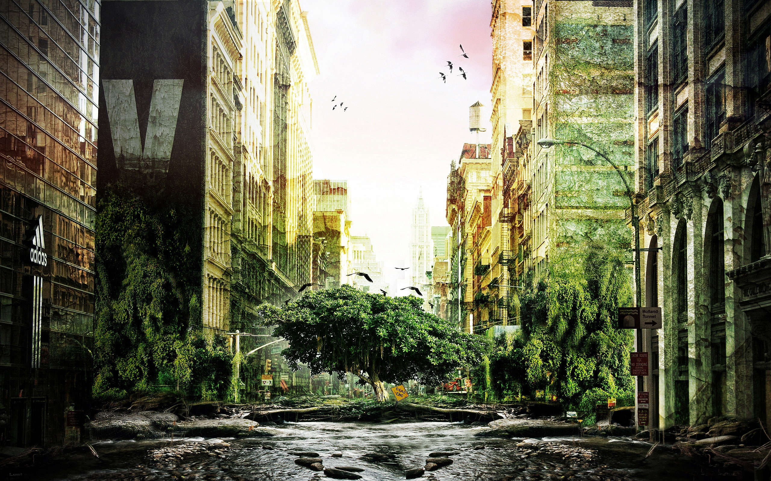 2K, power, buildings, manipulated, city, green, tree, nature, HD Wallpaper