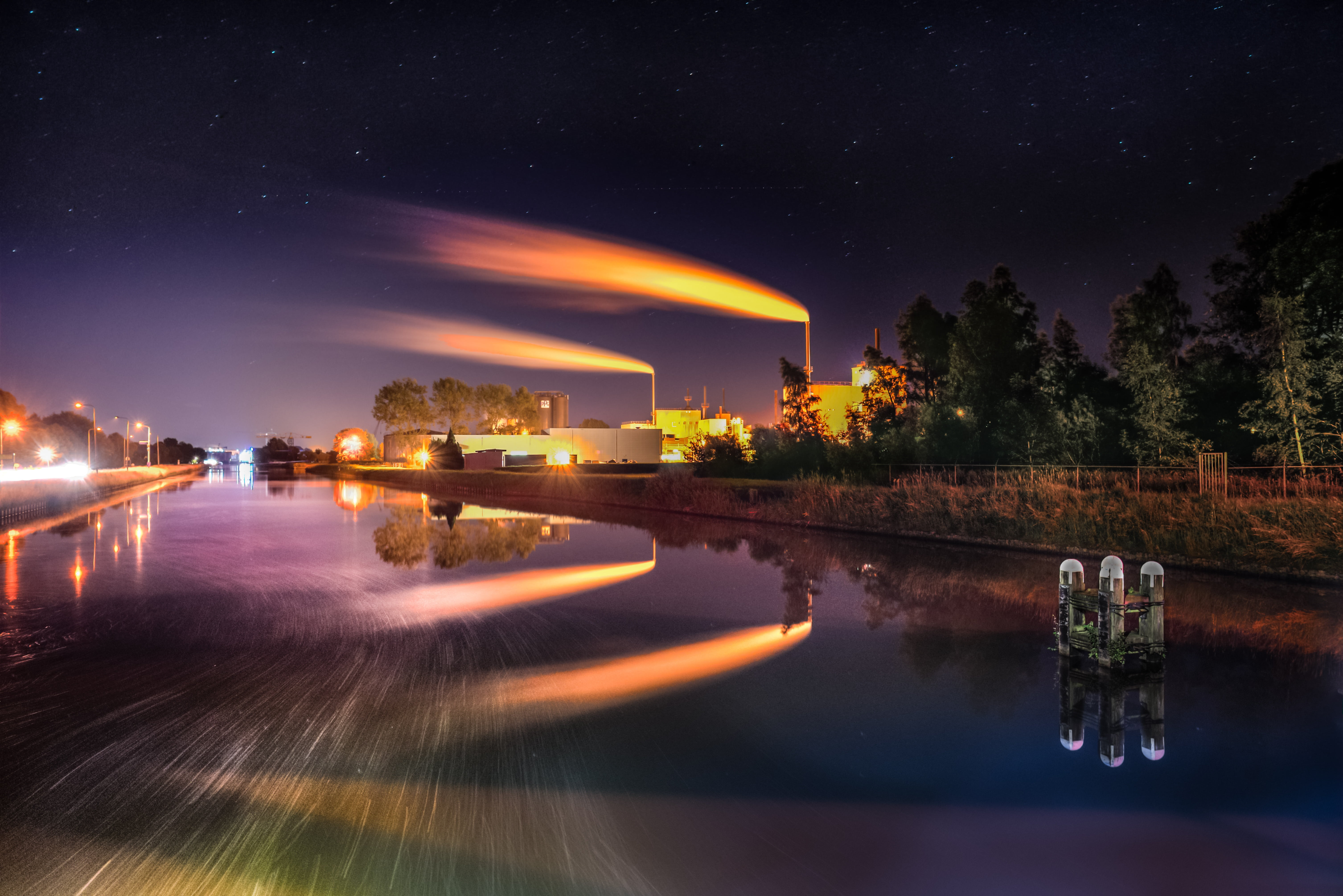 water, petrochemical, energy, stream, body, illuminated, city, outdoors, architecture, power, post, cloud - sky, plant, chimney, no people, stars, trees, HD Wallpaper
