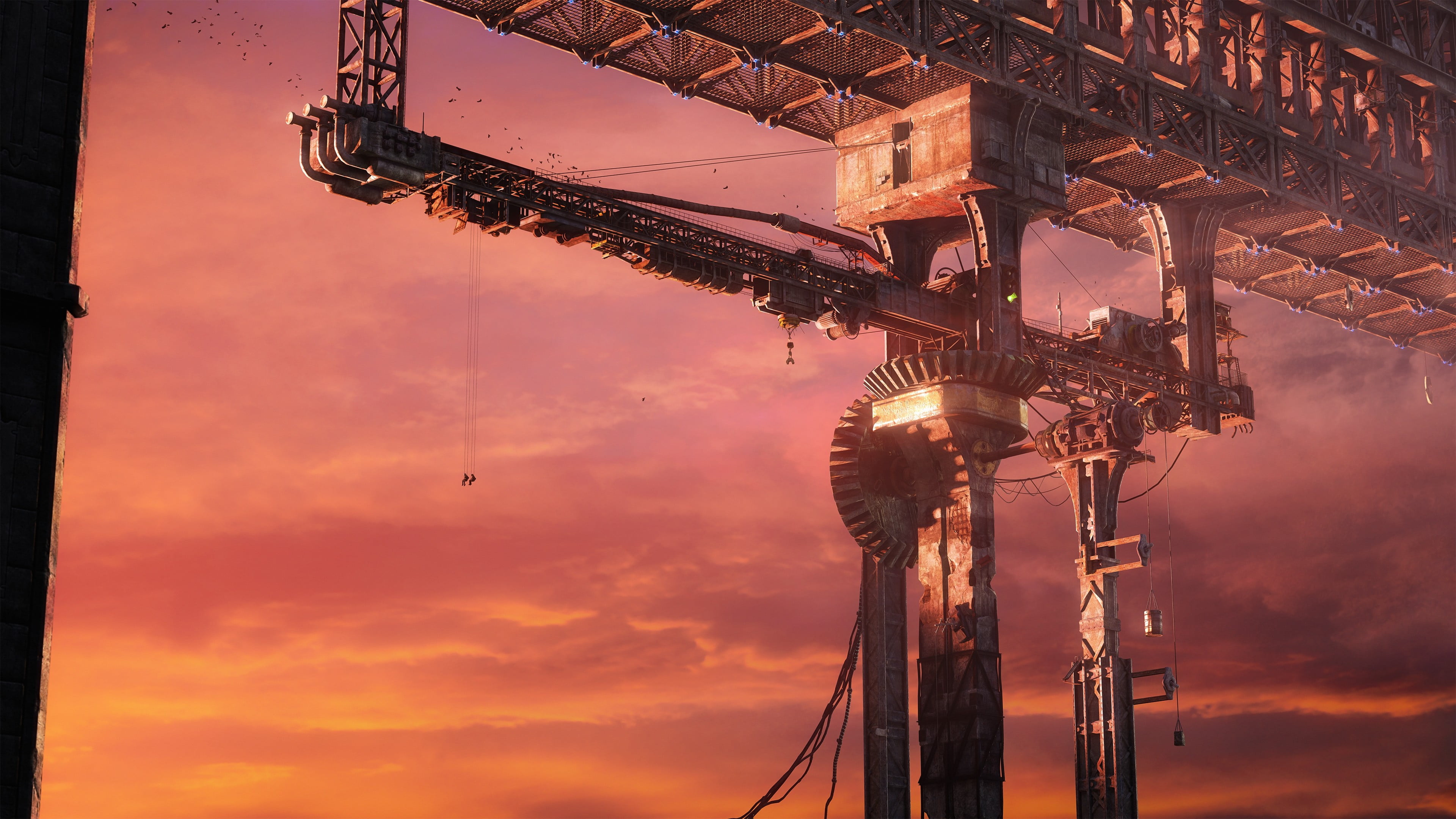 built structure, crane - construction machinery, oil, metal industry, no people, construction industry, sky, digital art, silhouette, metal, sunset, 4K, HD Wallpaper