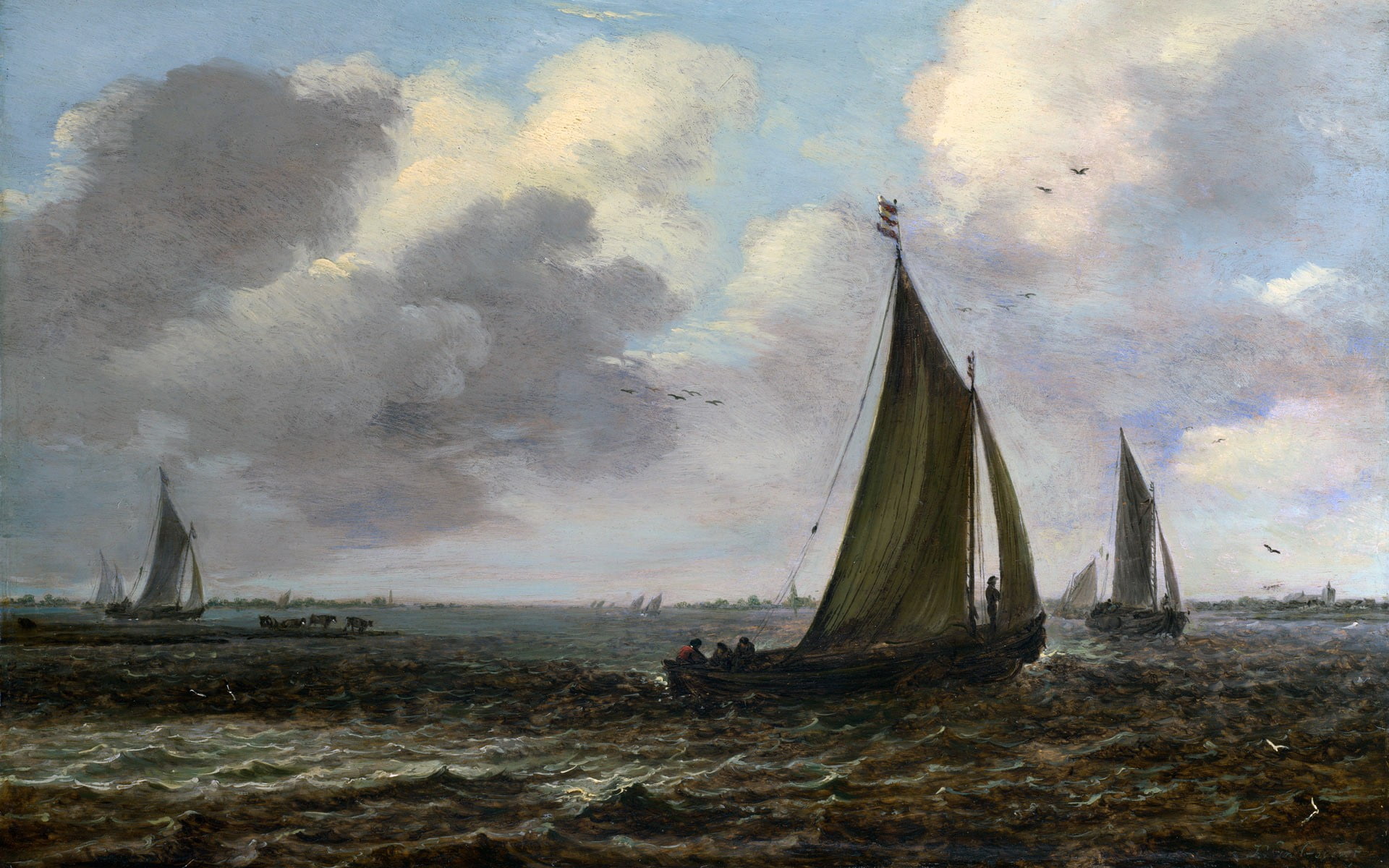 outdoors, sky, sailing ship, nature, land, cloud - sky, real people, classic art, painting, beach, water, nautical vessel, group of people, sea, beauty in nature, HD Wallpaper