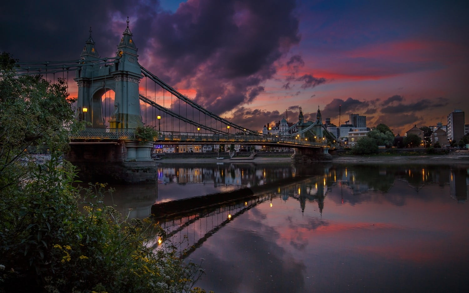 lights, water, building, connection, cloud - sky, bridge, no people, nature, illuminated, shrubs, urban, landscape, lighting, 720P, clouds, built structure, HD Wallpaper