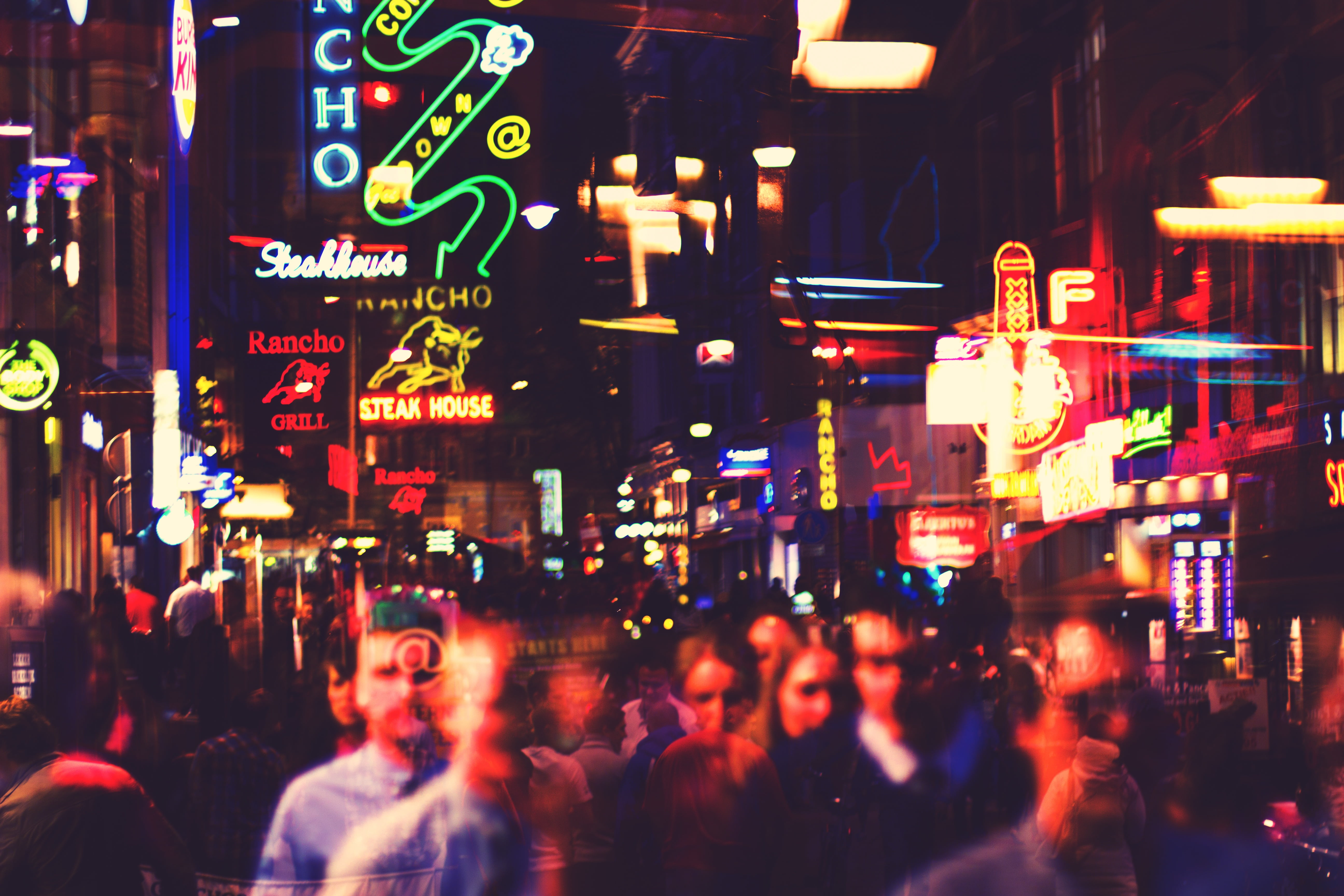 motion, sign, neons, architecture, built structure, lights, real people, people, illuminated, neon, text, light, communication, lapse, city life, city street, HD Wallpaper