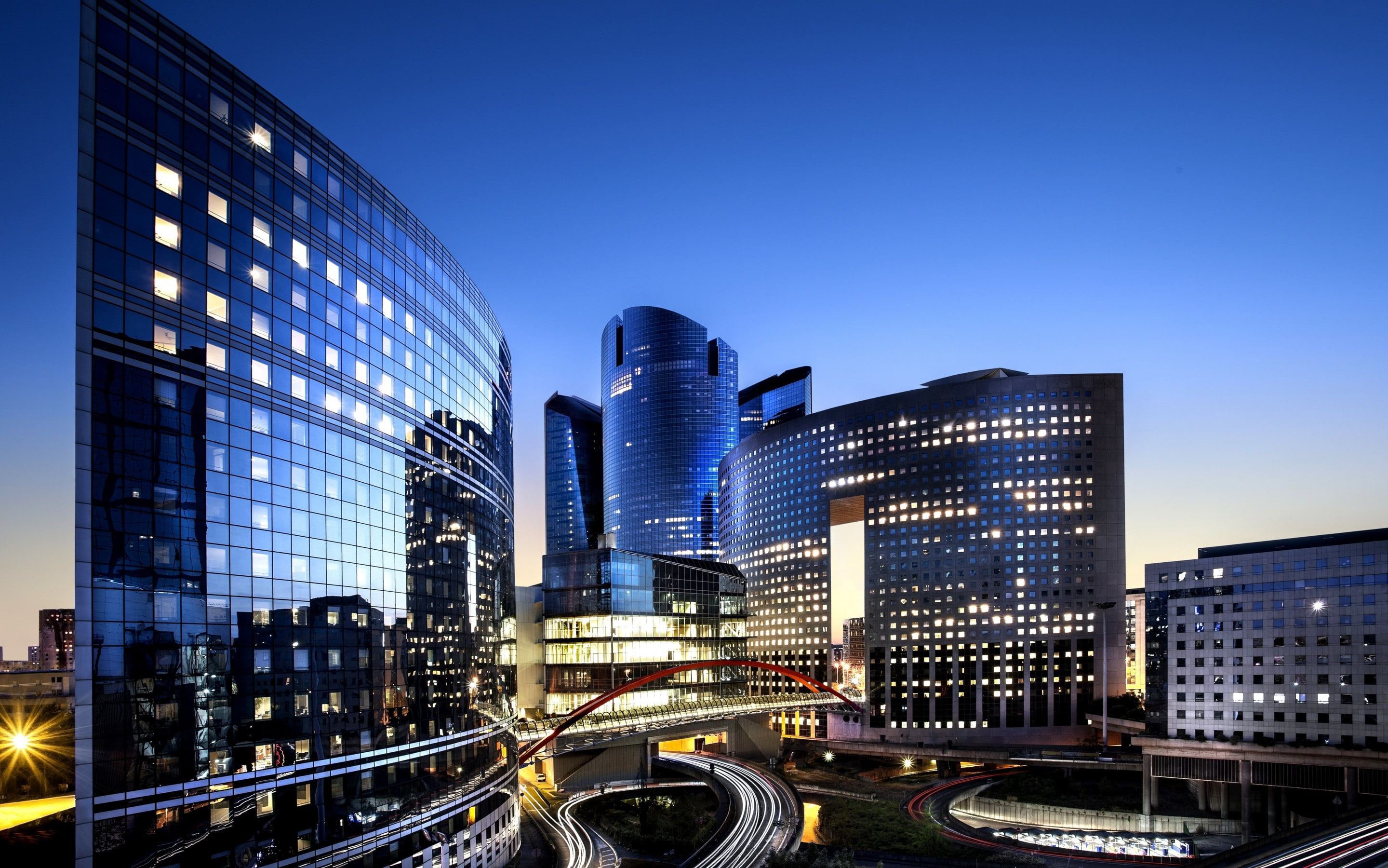 twilight, la, city, Night, architecture, Defense, France, d, La Défense, Skyscrapers, Paris, towers, fense, Buildings, 2K, HD Wallpaper