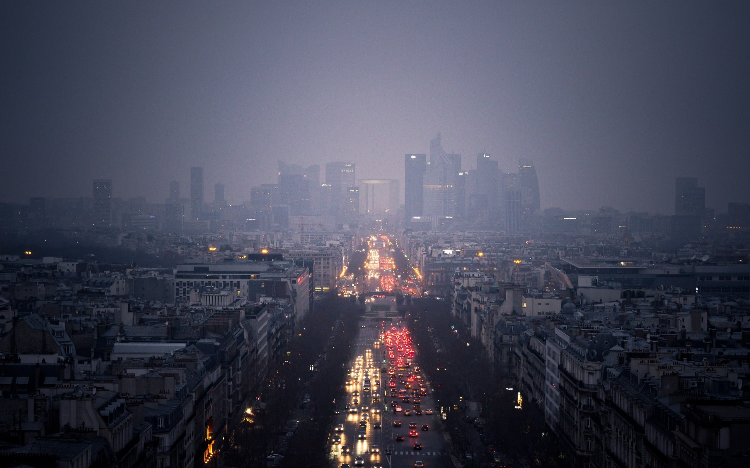 2K, crowded, road, street, cityscape, Paris, night, morning, La Défense, skyscraper, built structure, nature, sky, residential district, outdoors, city, HD Wallpaper