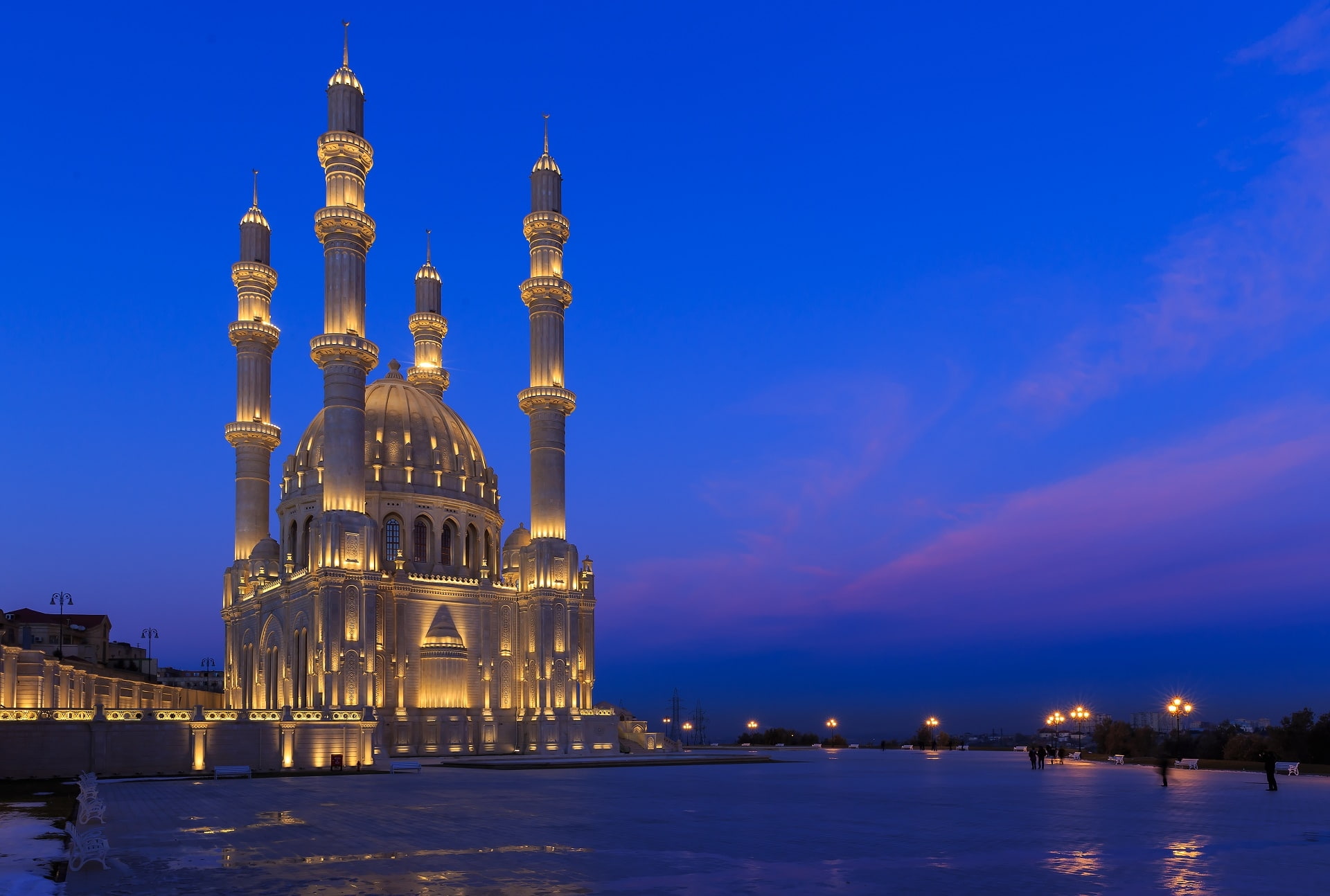 building, water, history, illuminated, lights, azerbaijan baku, sky, tourism, the past, heydar mosque, belief, place of worship, architecture, travel destinations, HD Wallpaper