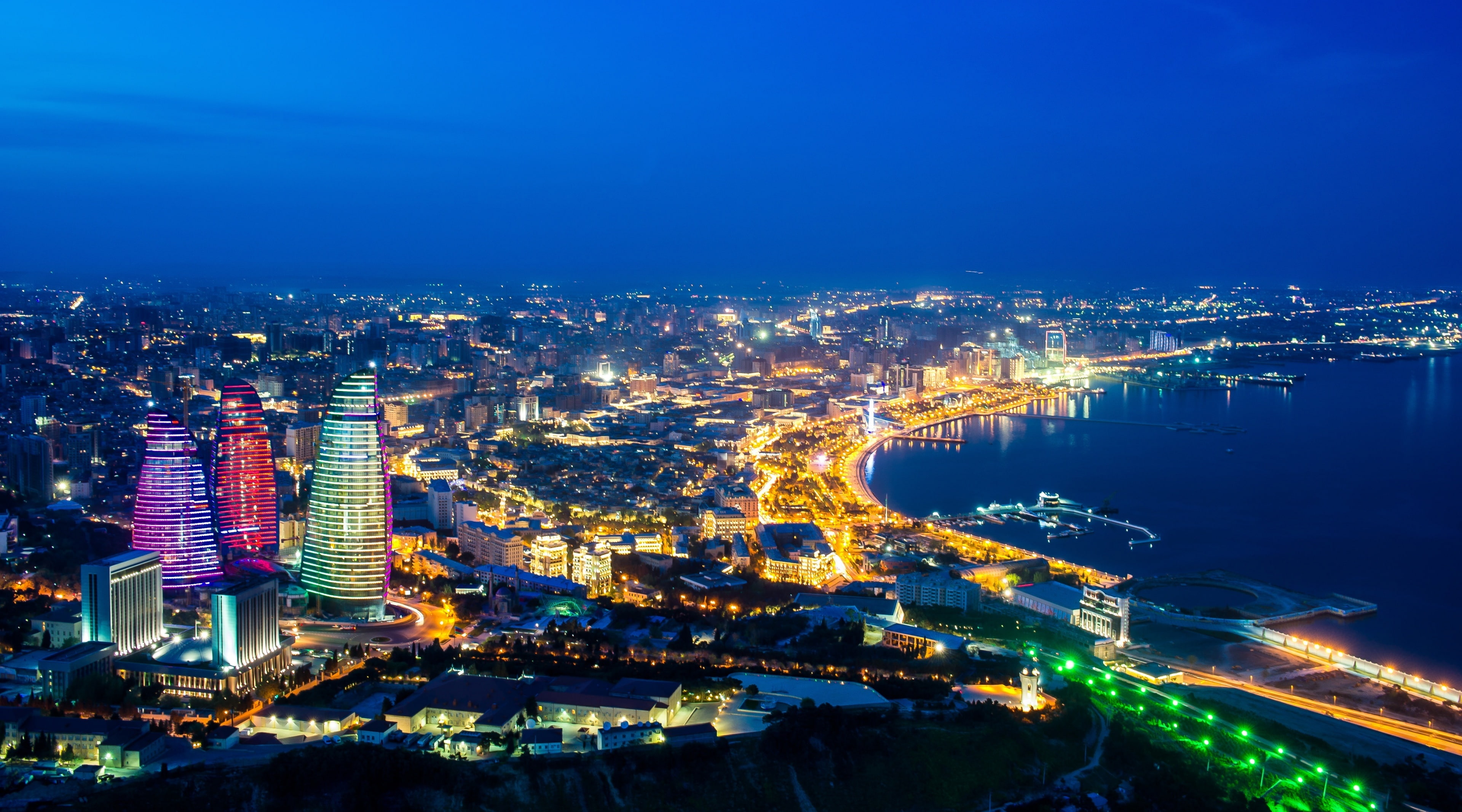 building exterior, travel destinations, urban skyline, Buildings, high angle view, no people, Asia, Baku, modern, sky, cityscape, office building exterior, HD Wallpaper