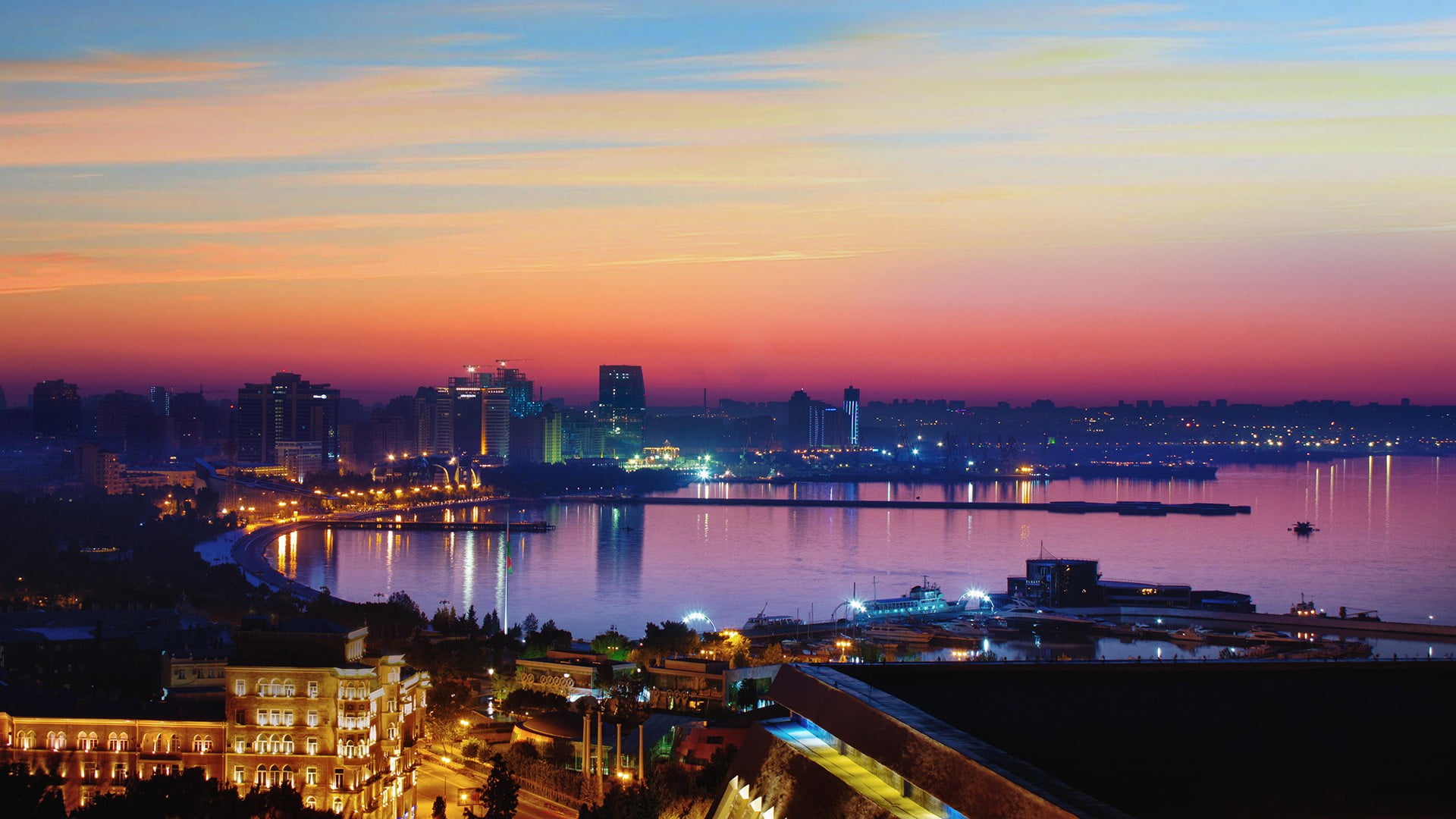 building exterior, no people, bridge - man made structure, sunrise, water, Azerbaijan, 1080P, modern, skyscraper, travel destinations, night, transportation, HD Wallpaper