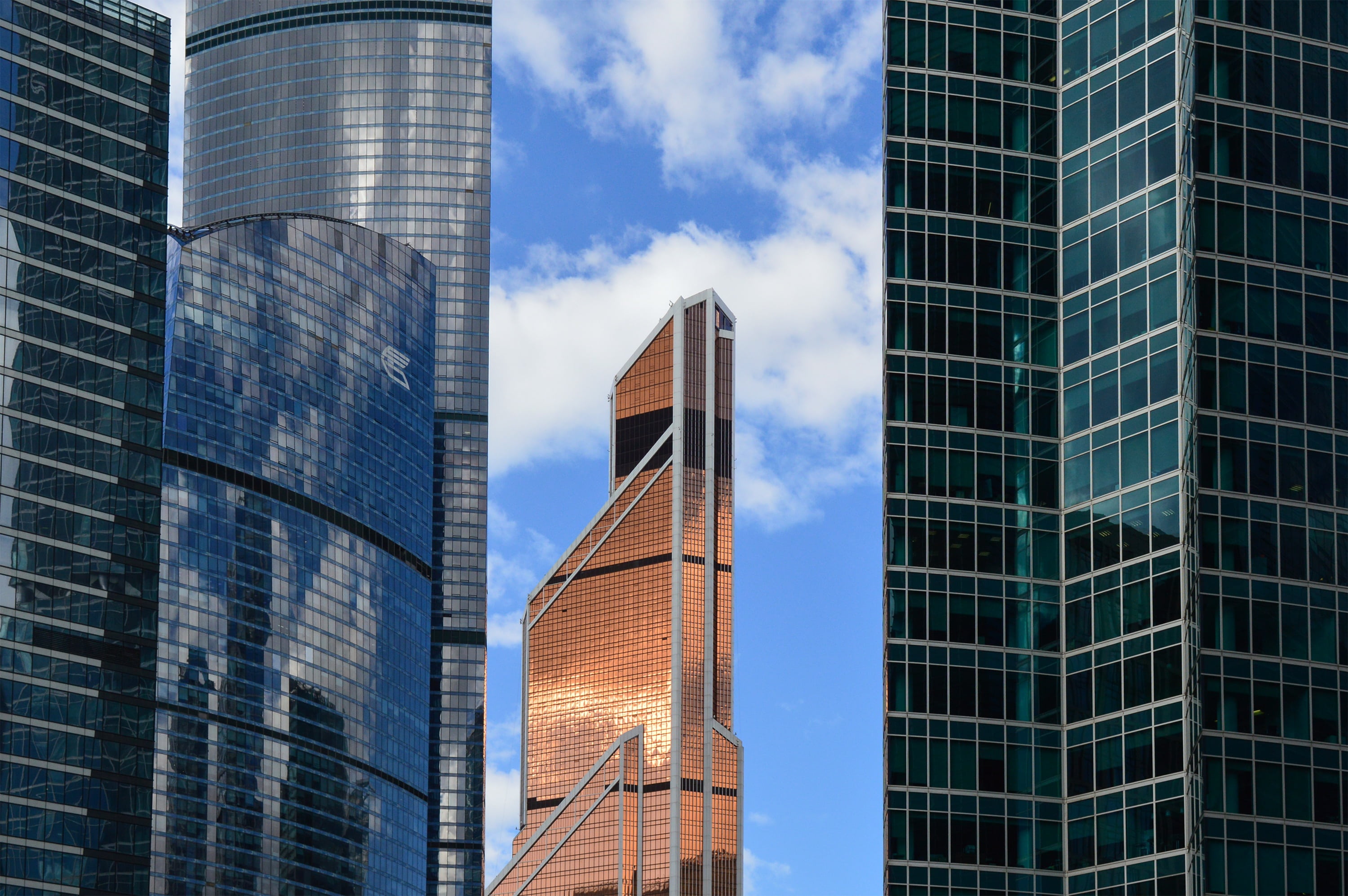 moscow city, three, facade glazing, low angle view, business center, travel destinations, nature, russia, window, moscow, office, outdoors, skyscraper, HD Wallpaper