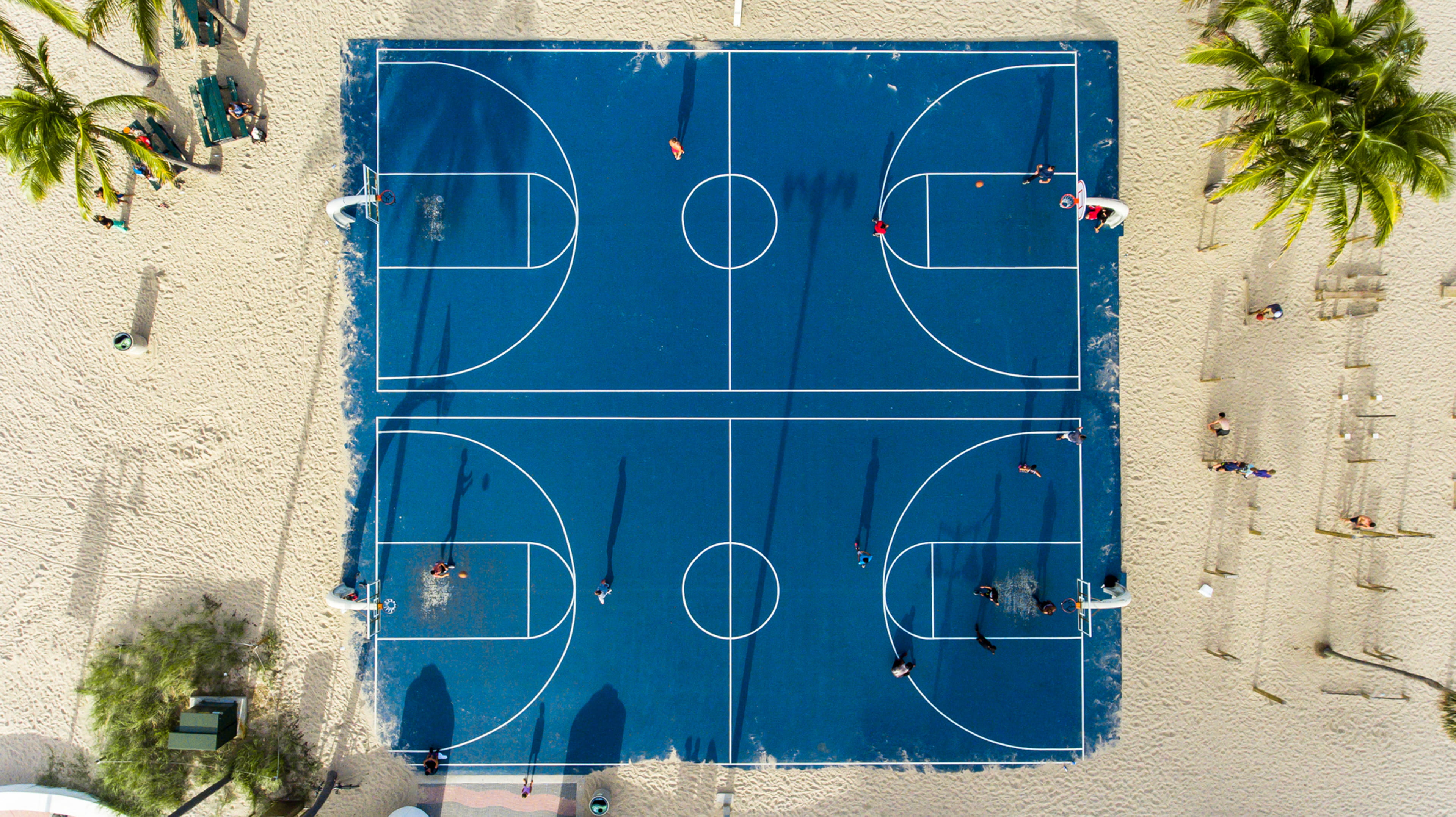 day, ocean, tree, building, building exterior, players, view, communication, drone view, photography, play, turquoise colored, plant, sand, coconut, basketball, HD Wallpaper