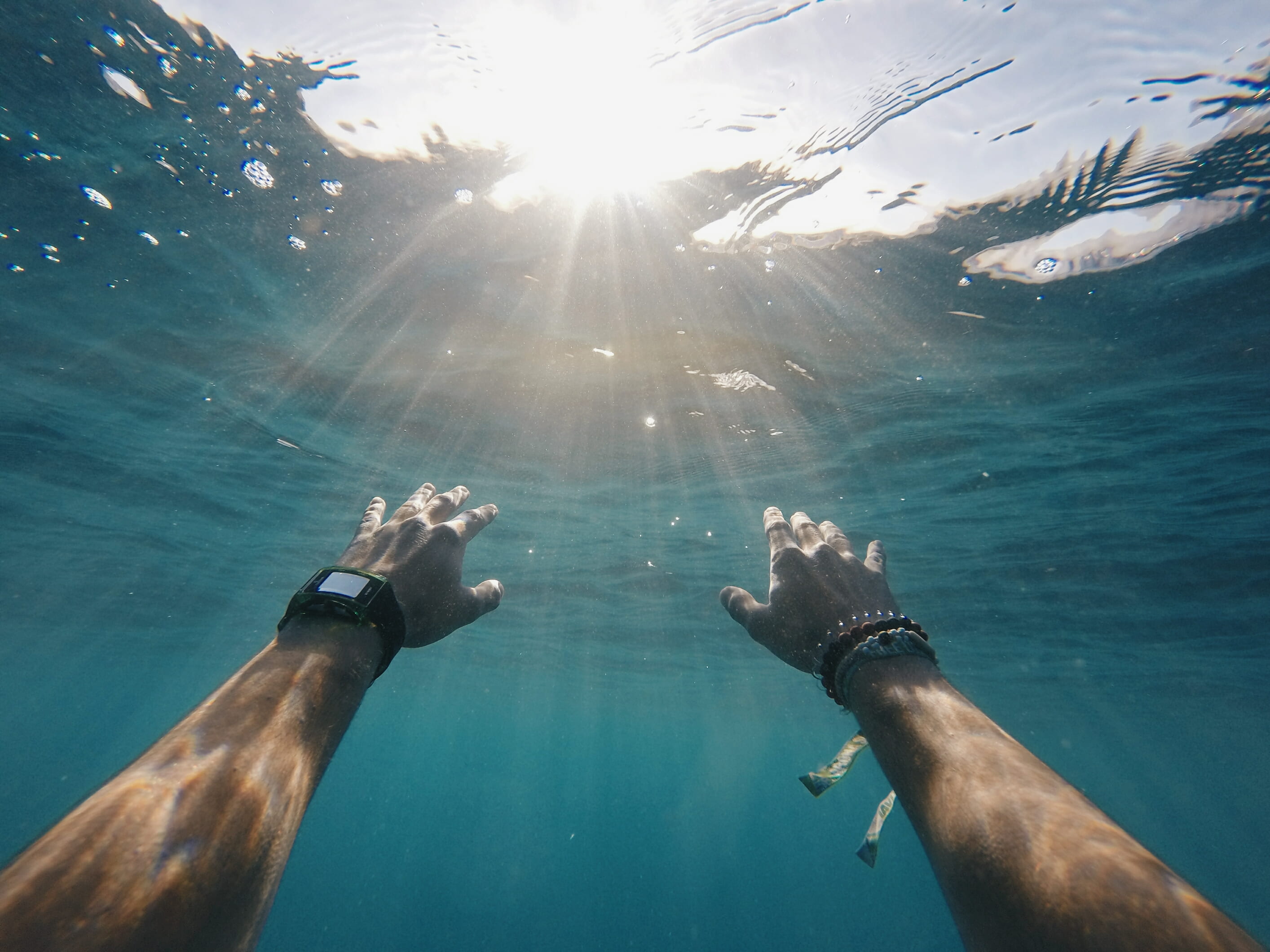undersea, gopro, wafe, surface, person, swimming, sun, human hand, men, underwater, lake, human limb, hand, water, one person, sunlight, sun ray, reach, HD Wallpaper